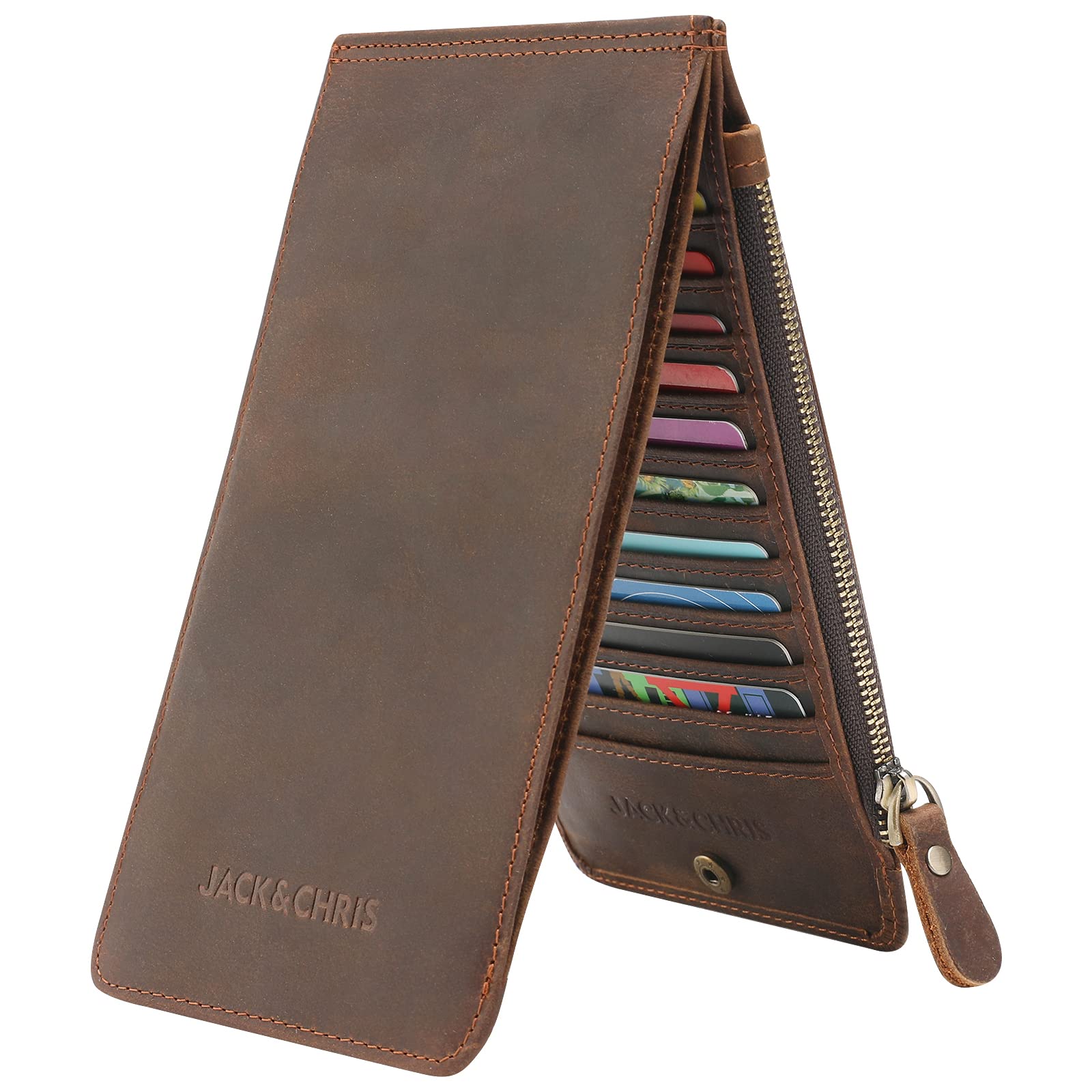 Jack&Chris Genuine Leather Slim RFID Blocking Credit Card Holder - Multi Card Organizer with Zipper Pocket for Men & Women | Perfect for Travel, Business & Everyday Use
