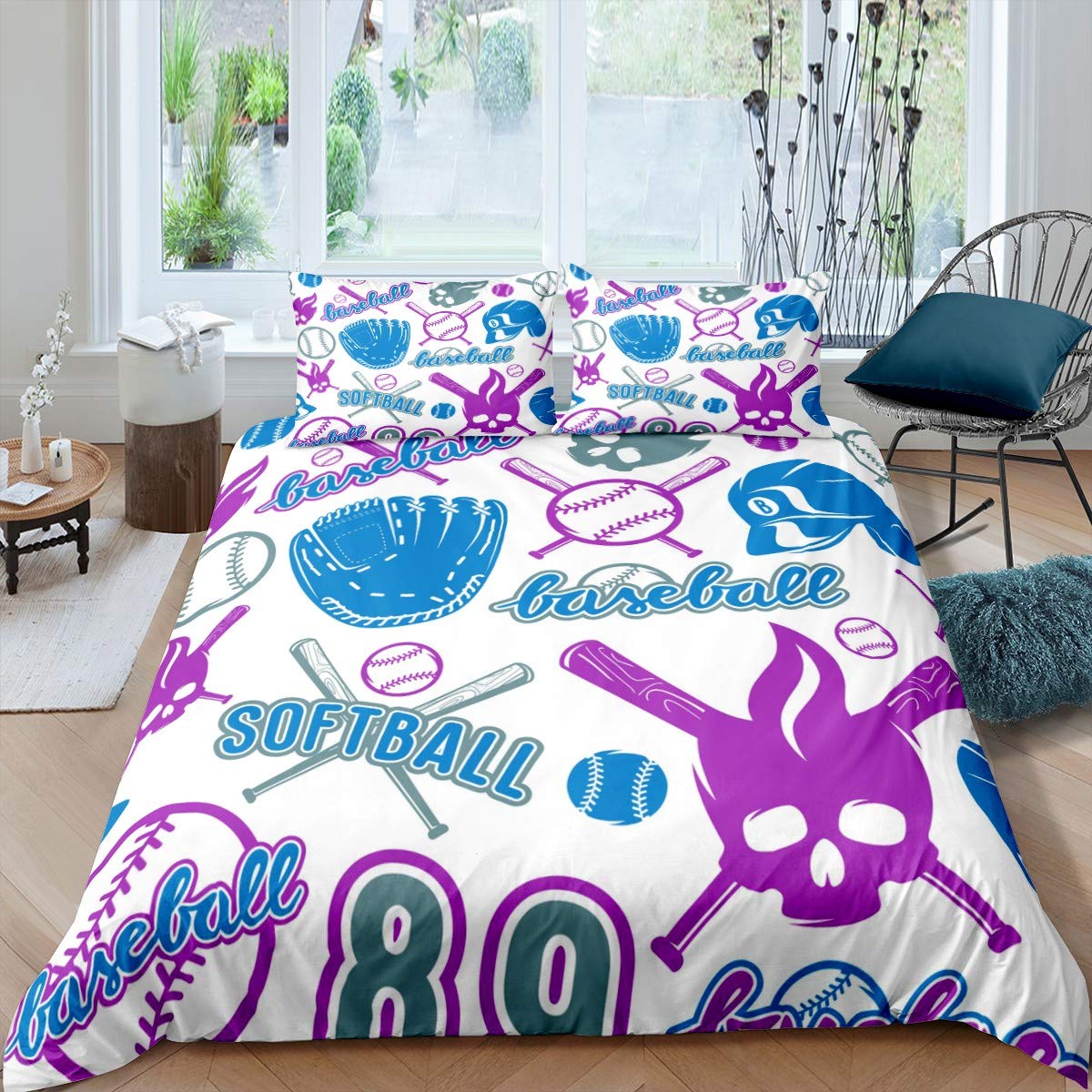 Feelyou Boys Softball Duvet Cover Set - Sports Theme Bedding for Kids & Teens - Gothic Skull & Bones Printed Twin Size Comforter Cover (2PC) - Perfect for Teen Bedrooms, Dorm Rooms & Sports-Themed Decor