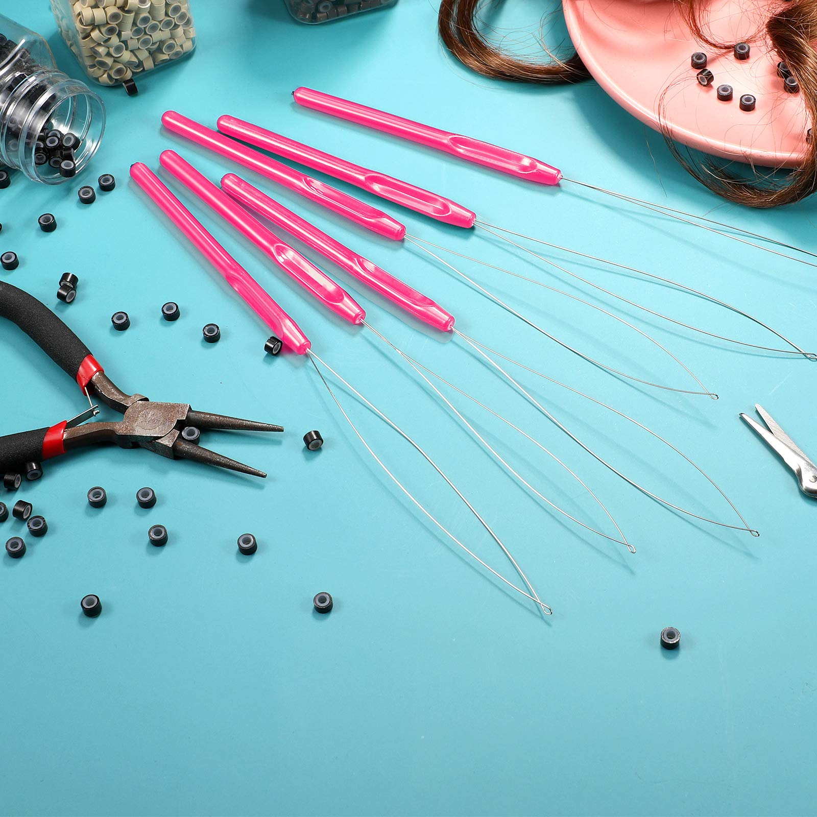 10 Pieces Hair Extension Loop Needle Threader & Bead Tool Kit - Rose Red | Professional Hair & Feather Extension Hook for Easy Installation | Perfect for Salon, DIY Beauty & Cosplay Use