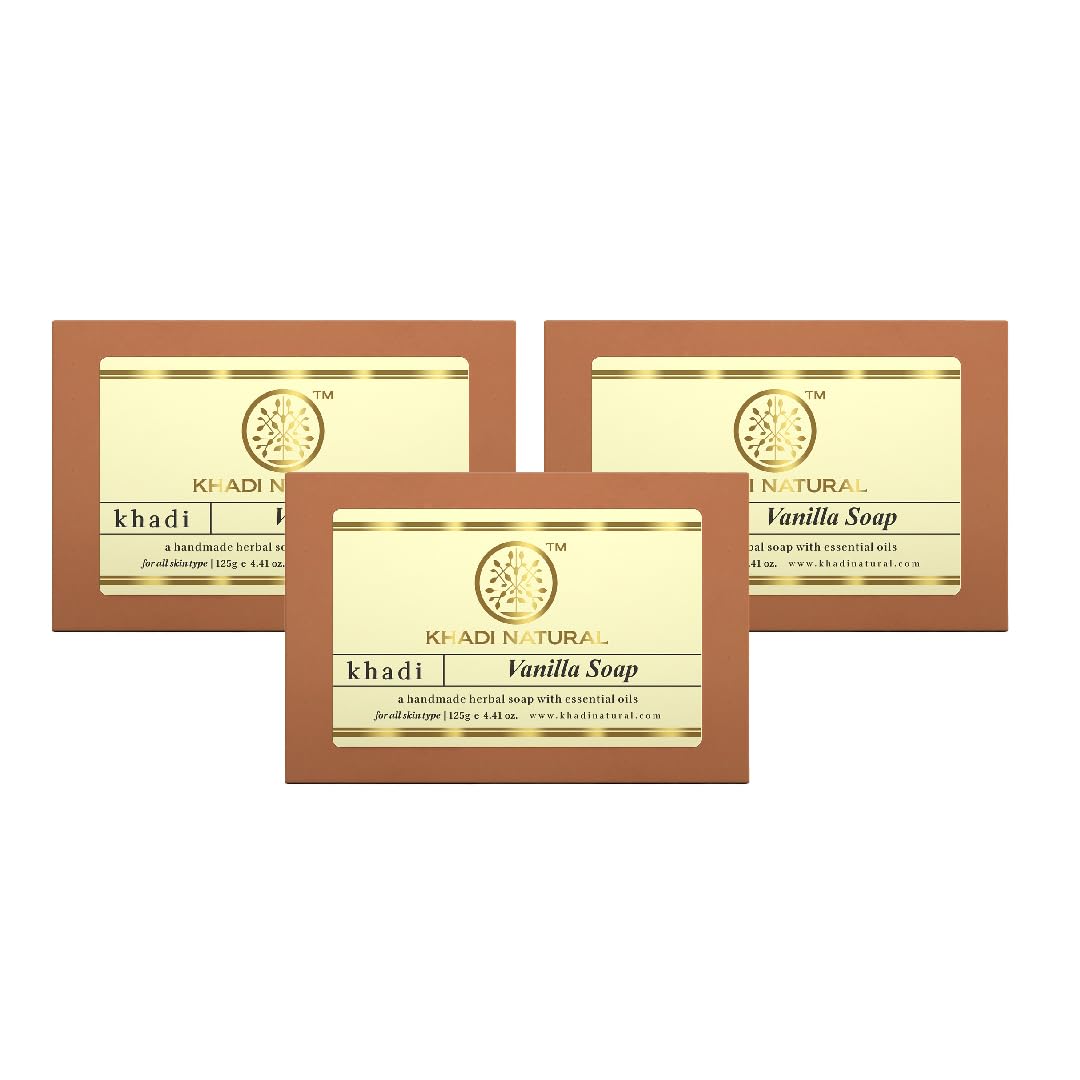 Khadi Natural Herbal Vanilla Soap - 125g | Organic Bath Bar with Essential Oils for Healthy, Hydrated Skin | Vegan, Cruelty-Free & Suitable for All Skin Types | Pack of 3 | Perfect for Daily Skincare Routine & Spa-Like Bath Experience