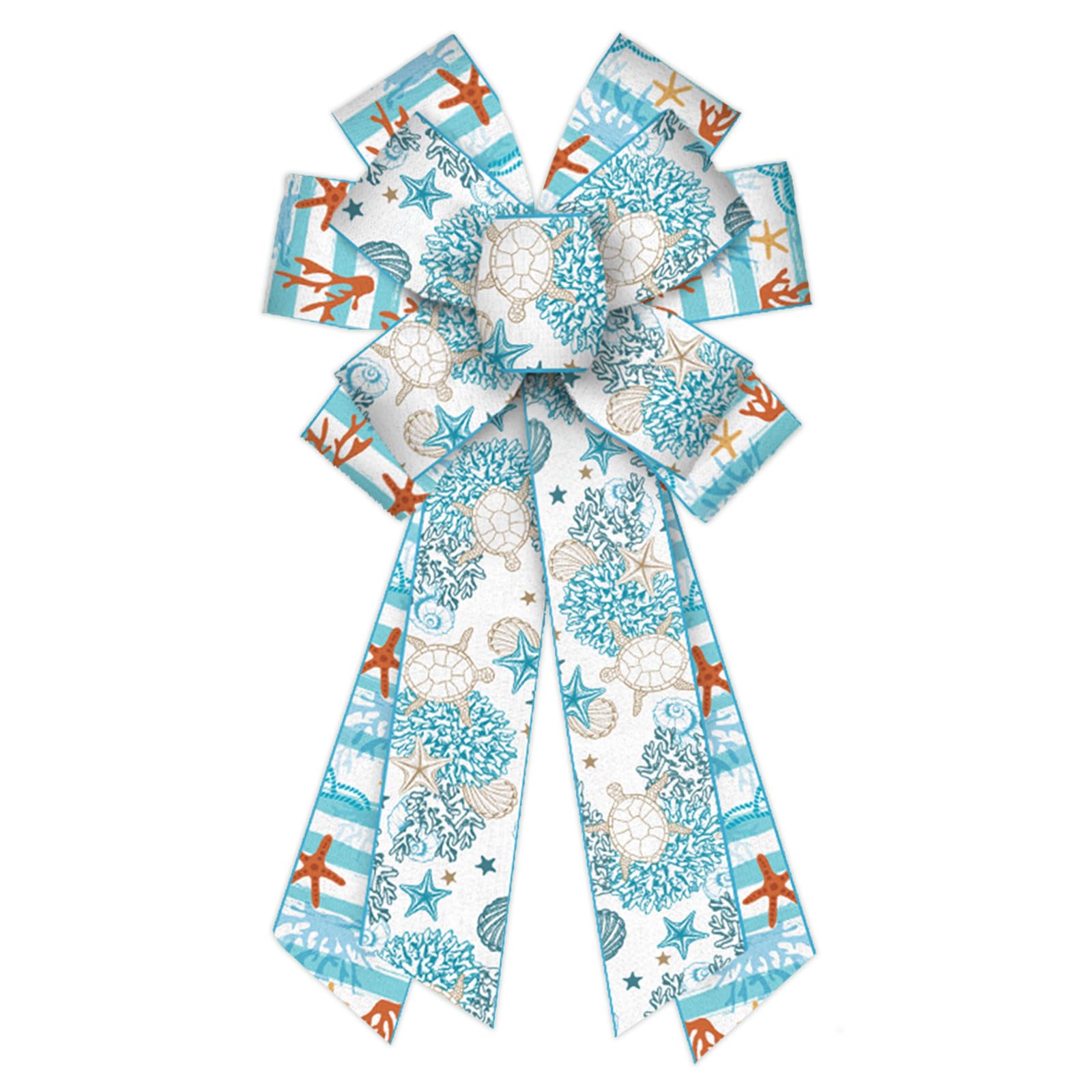 Large Summer Wreath Bows - Blue Stripe Ocean Burlap Ribbon with Sea Turtle & Starfish Decor - Perfect for Indoor/Outdoor Wreath Ornaments, Front Door Decorations, Beach House & Coastal Home Decor