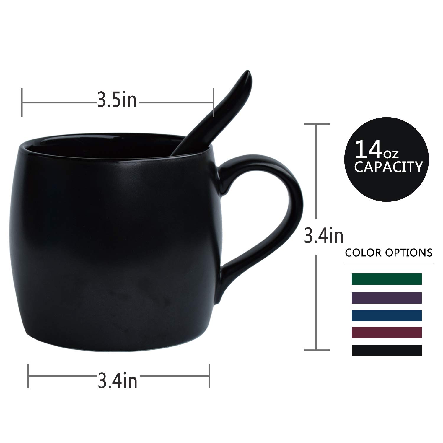 Bosmarlin 14 oz Ceramic Coffee Mug with Spoon - Matte Black Tea Cup for Office, Home, Travel - Dishwasher & Microwave Safe - 1 Pack - Perfect for Hot Beverages, Gifts, and Daily Use