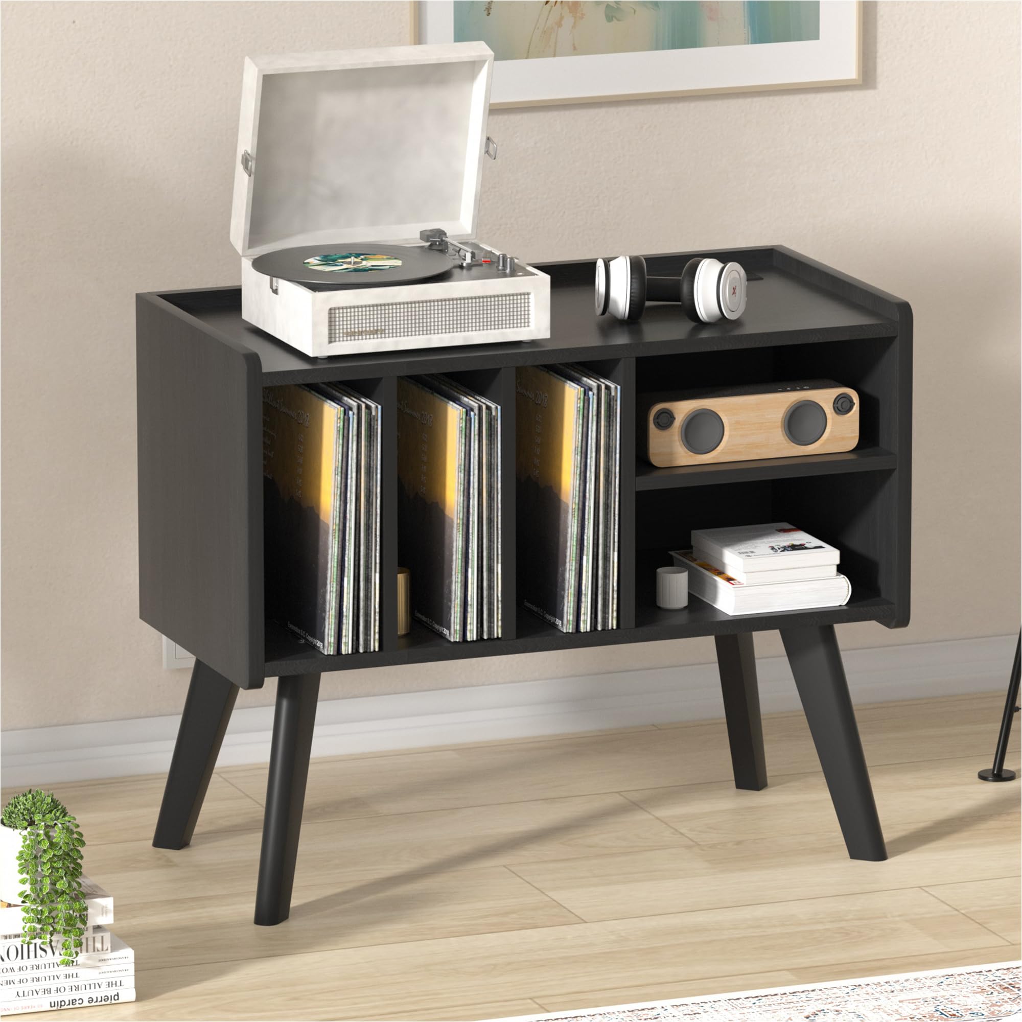 Forevich Large Vinyl Record Player Stand with Storage Cabinet - Holds 220+ Albums, Wooden Legs & Built-in Power Outlet - Turntable Shelf for Living Room, Home Theater & Music Studio (Black)
