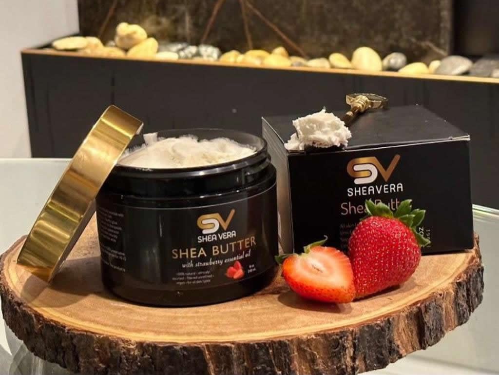 Organic Unrefined Shea Body Butter - 100% Natural Vegan Moisturizer for Dry Skin, Ethical Sourced from Ghana, Fragrance-Free & Hypoallergenic - Perfect for Daily Hydration, Sensitive Skin Care & Post-Shower Nourishment - Strawberry Scented