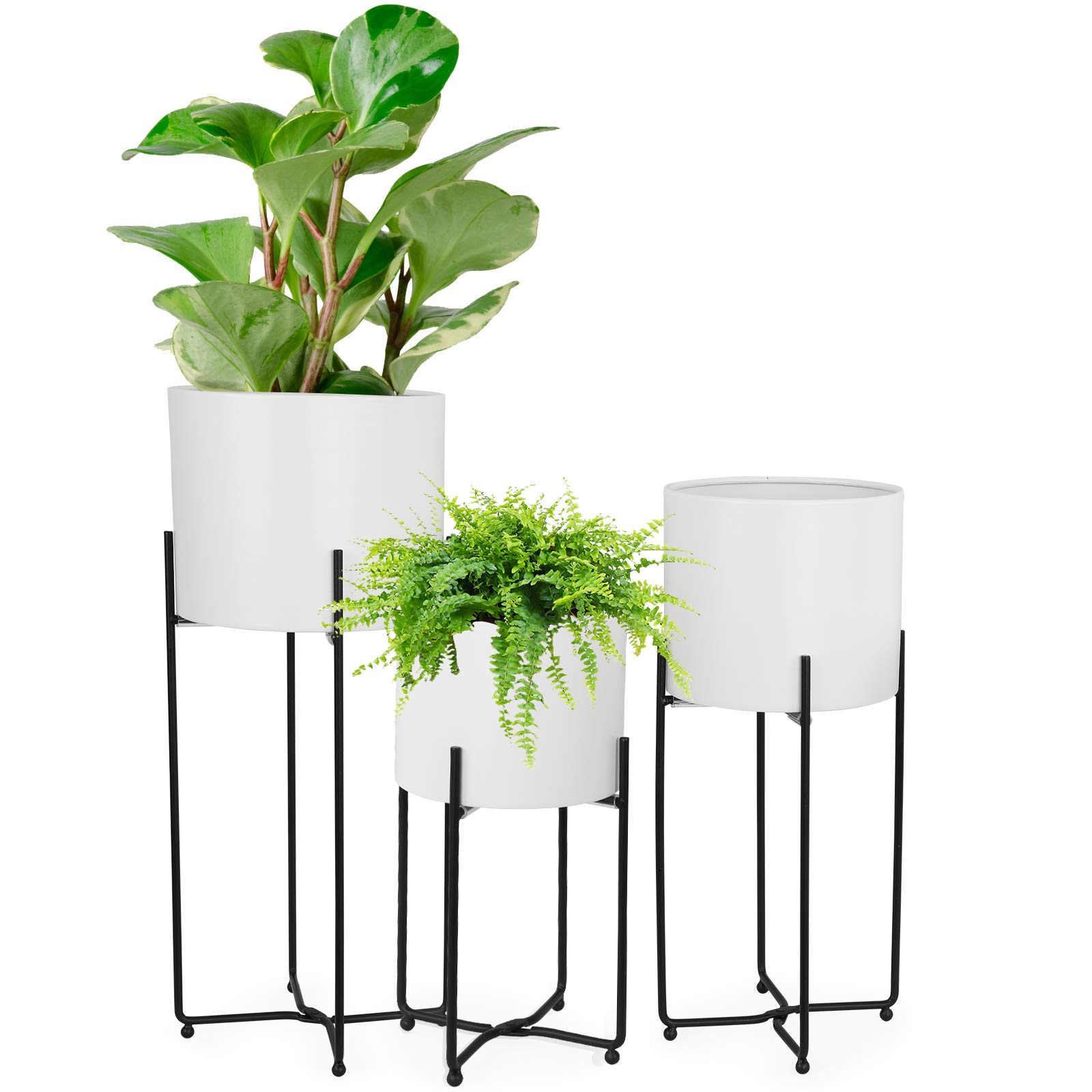 **Sinolodo Mid Century Modern Planters Set - 3-Piece Metal Floor Planter with Gold Foldable Stand for Indoor Plants (White Pot, Black Stand, 9''+8''+7'') - Perfect for Living Room, Office & Home Decor**