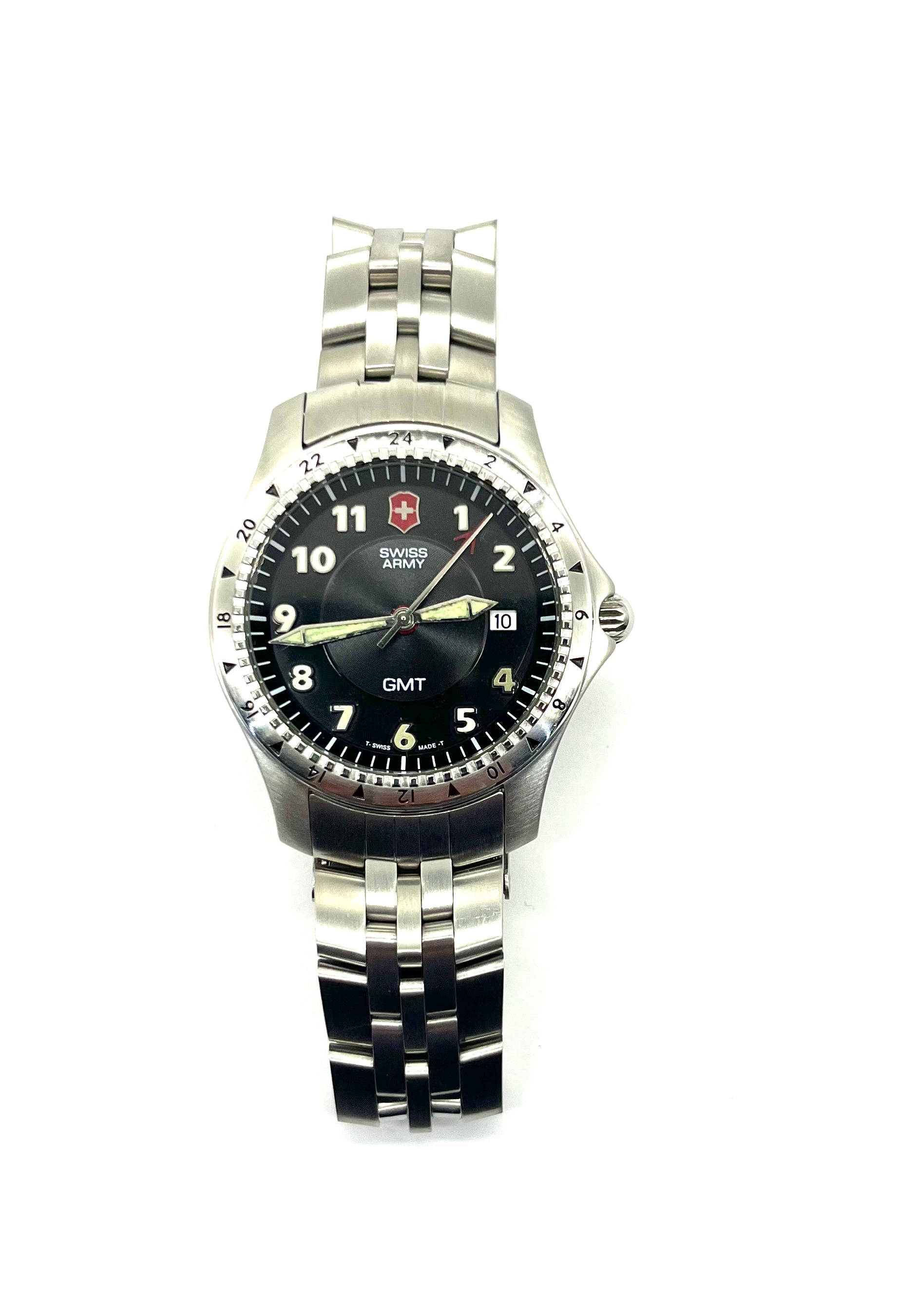 Premium Stainless Steel Swiss Army GMT Watch for Men - Dual Time Zone, Water Resistant, Luxury Travel & Business Accessory
