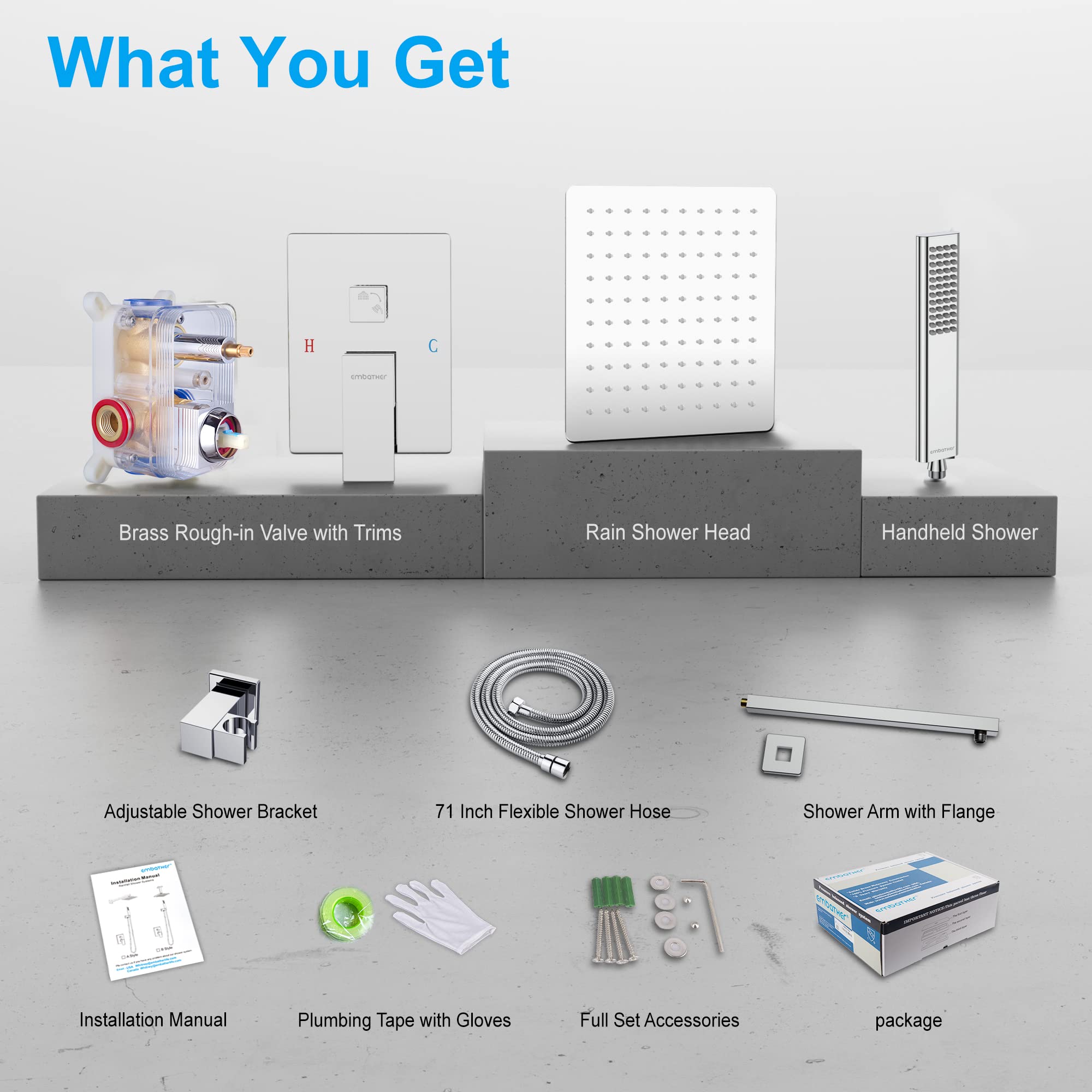 EMBATHER Chrome Shower System - 12 Inch Rain Shower Head with Adjustable Handheld Sprayer, Wall Mounted Square Shower Faucet Set (Includes Rough-in Valve & Trim) for Modern Bathroom Renovation - Perfect for Spa-Like Experience and Water Conservation
