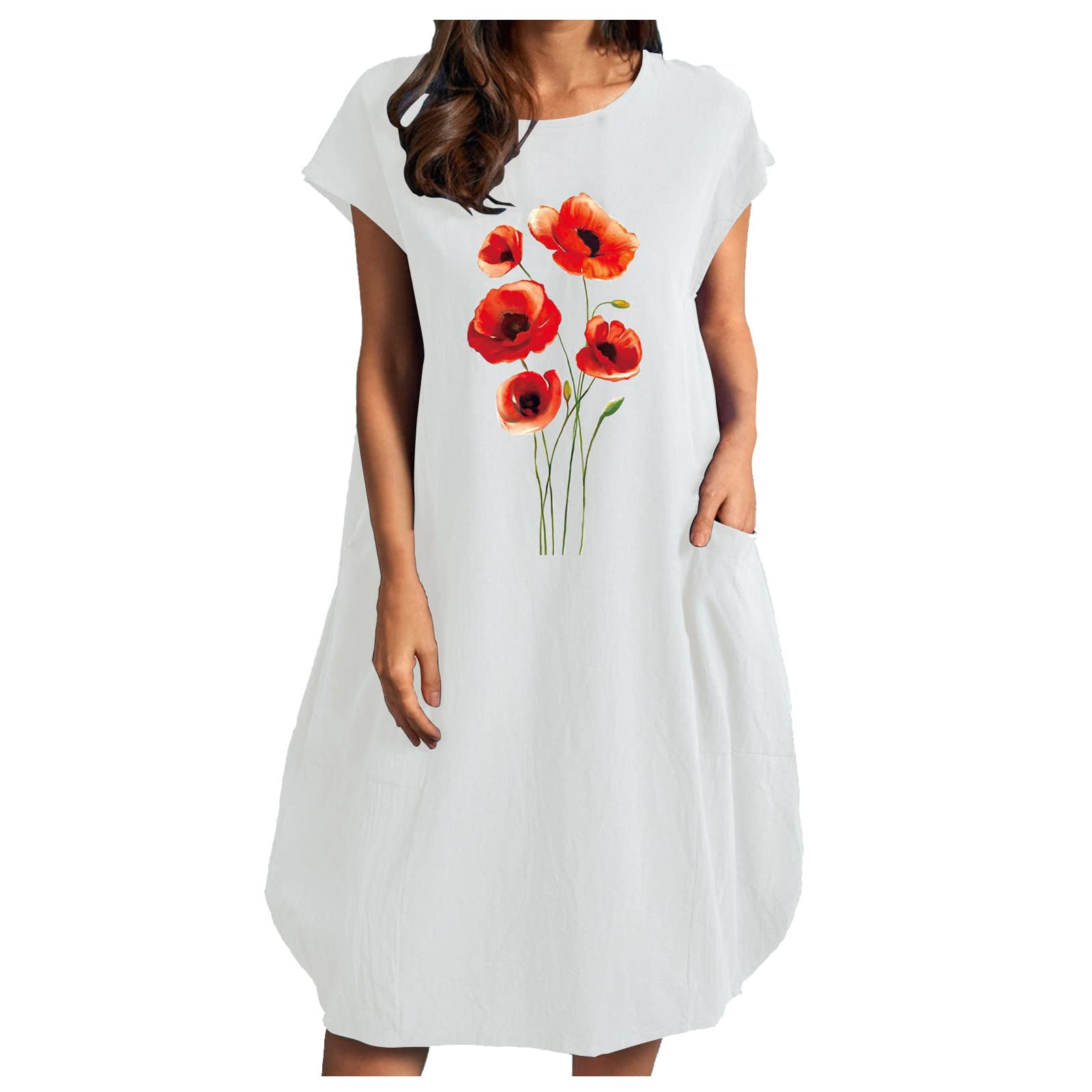 Women's Summer Casual Cocktail Dress with Pockets - Floral Print Short Sleeve O-Neck Party Dress for Brunch, Date Night & Outdoor Events