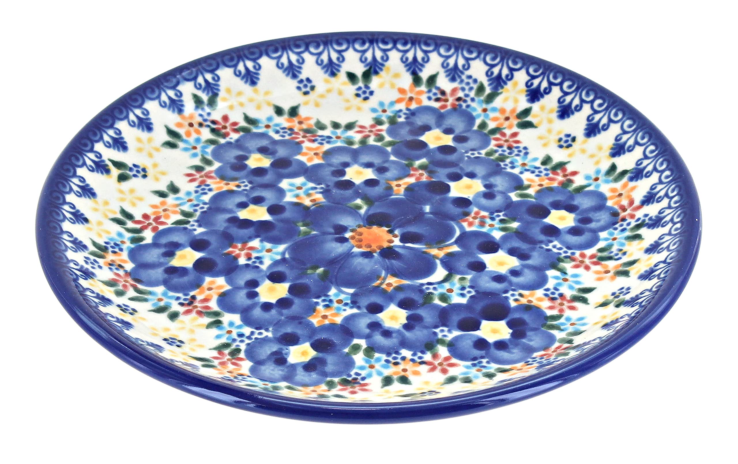 Hand-Painted Blue Rose Polish Pottery Small Dessert Plate - Blue Dahlia Design - Elegant Appetizer Plate for Tea Parties, Weddings & Home Decor