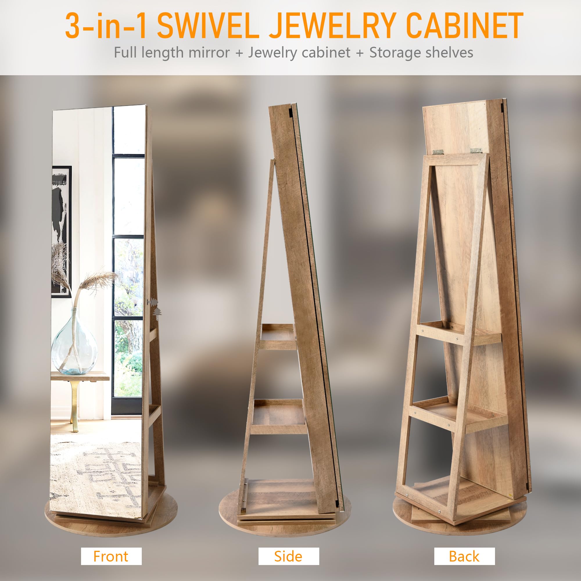 360° Swivel Jewelry Mirror Cabinet with LED Lights - 63