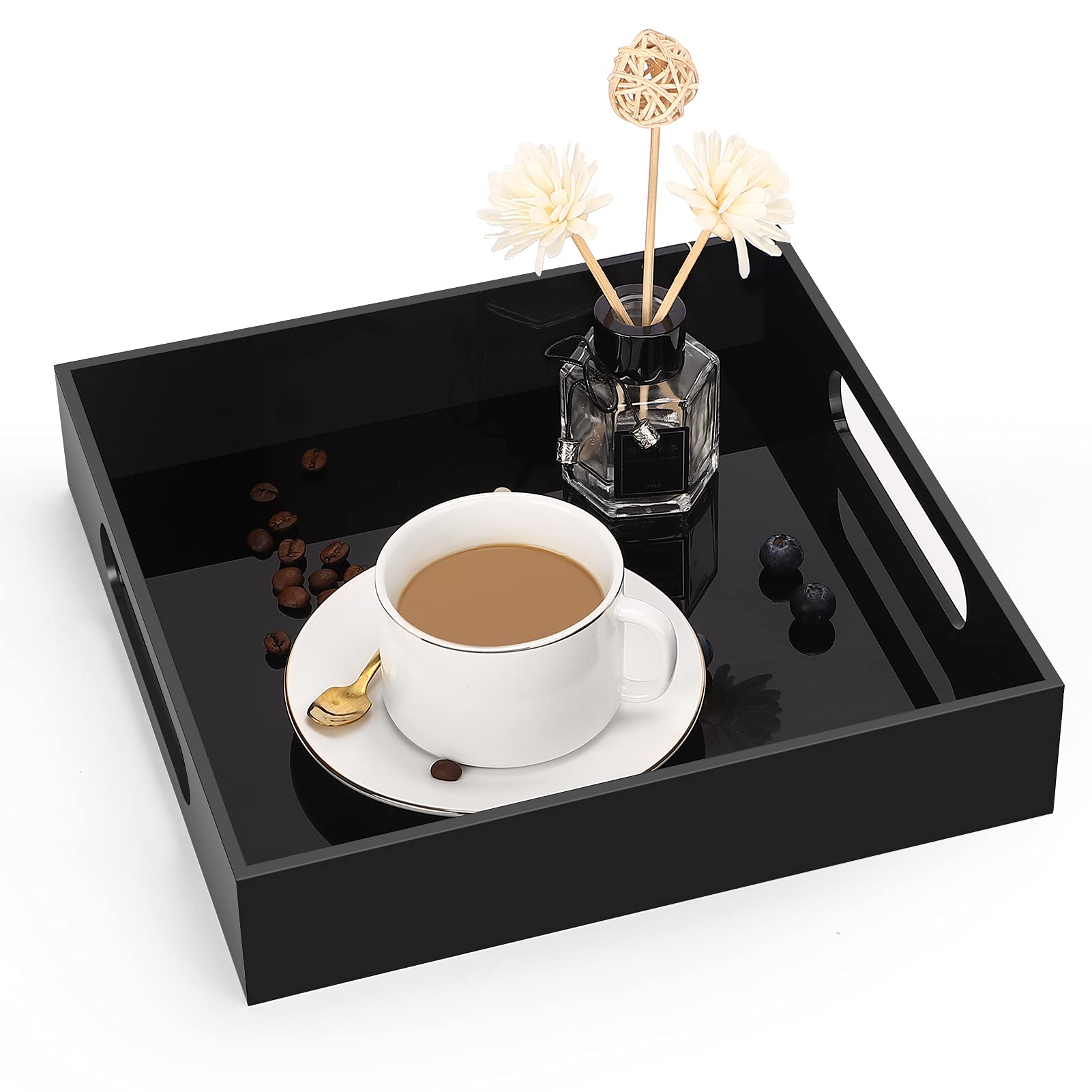 10x10 Inch Elegant Acrylic Serving Tray with Handles - Stylish Home Decor Coffee Table Tray for Breakfast, Makeup Organization & Bathroom Vanity | Perfect for Dining, Ottoman Decor & Drawer Organizer - Black