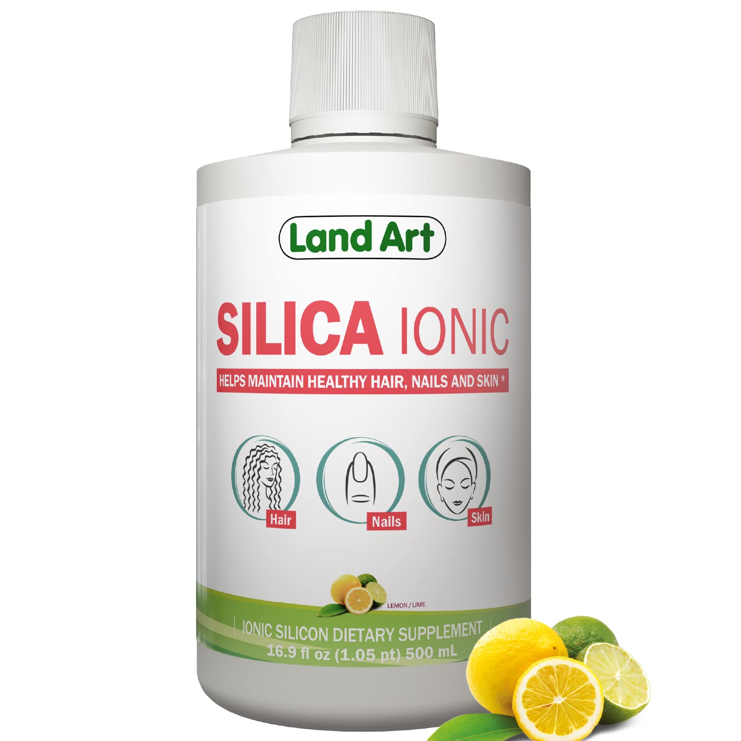 Liquid Ionic Silica Supplement - Vegan Collagen Booster for Hair Growth, Skin Health & Nail Strength - 500ml Lemon Lime Flavor - Non-GMO, Gluten Free, Sugar Free - 33 Servings - Perfect for Daily Beauty Routine & Wellness Support