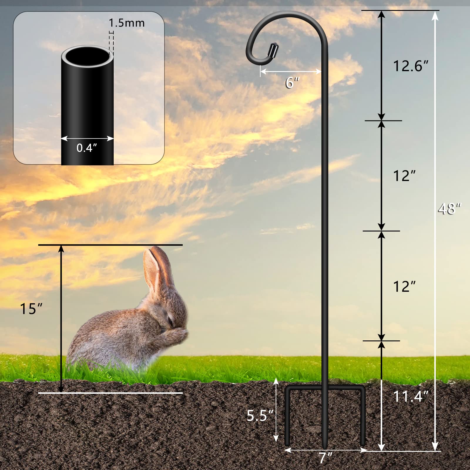 48 Inch Adjustable Shepherd Hooks for Outdoor - 4 Pack Matte Black Garden Hooks for Hanging Plants, Lanterns, Bird Feeders & Solar Lights - Perfect for Mason Jars, Wedding Decor & Backyard Landscaping