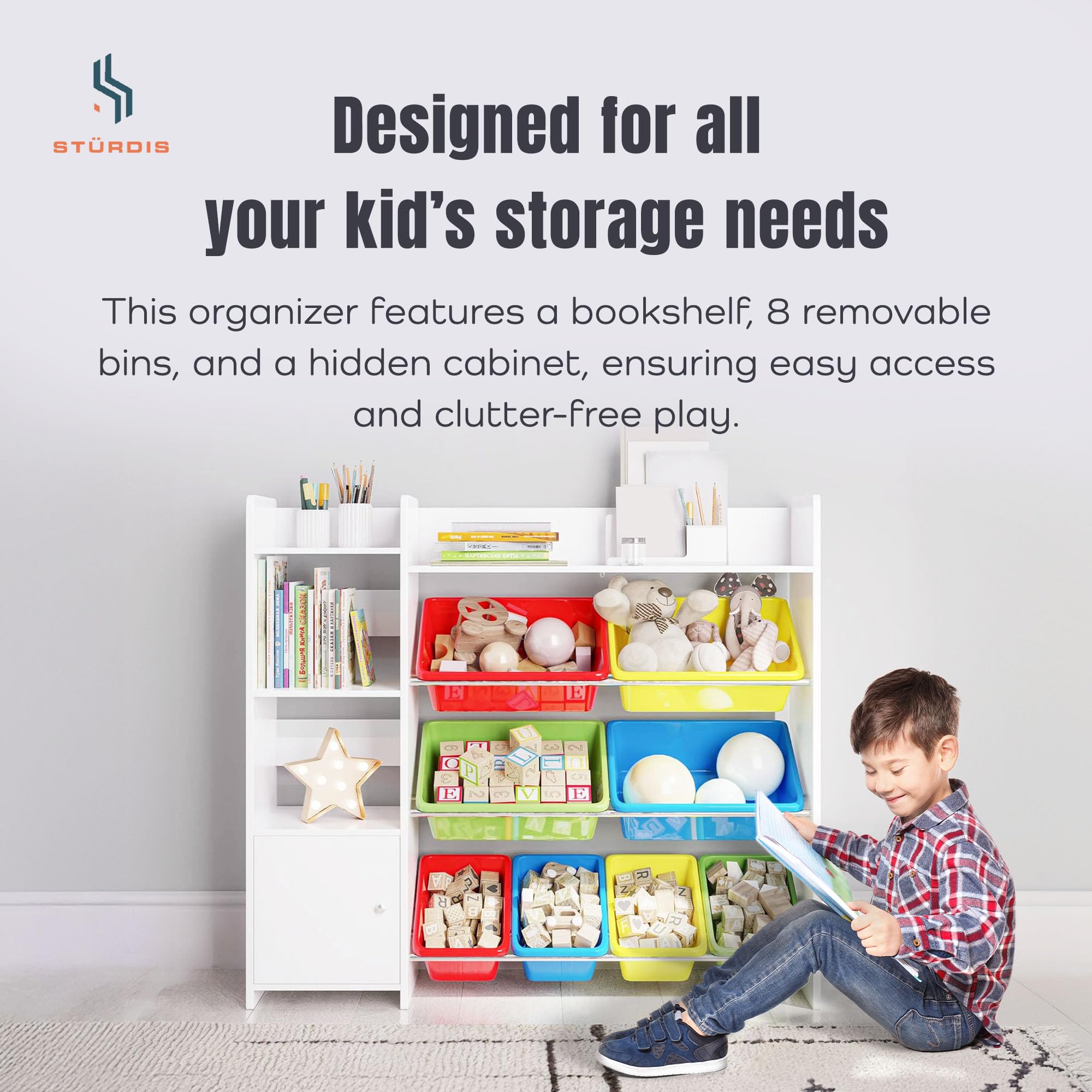 Kids Toy Storage Organizer with Bookshelf - Playroom Organization Unit with Removable Colorful Bins & Anti-Tip Safety Bracket - Multi-Color Toy Shelf for Bedroom, Nursery, and Classroom Organization