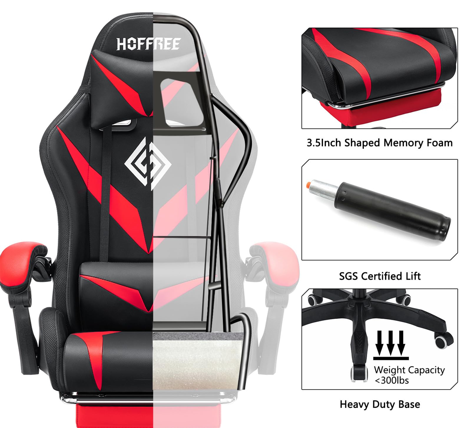 HOFFREE Ergonomic Gaming Chair with Massage, Bluetooth Speakers & LED Lights - High Back Lumbar Support, Adjustable Footrest - RGB Video Game Chair for PC/Console Gaming (Red & Black) - Perfect for Esports, Streaming & Home Office Use