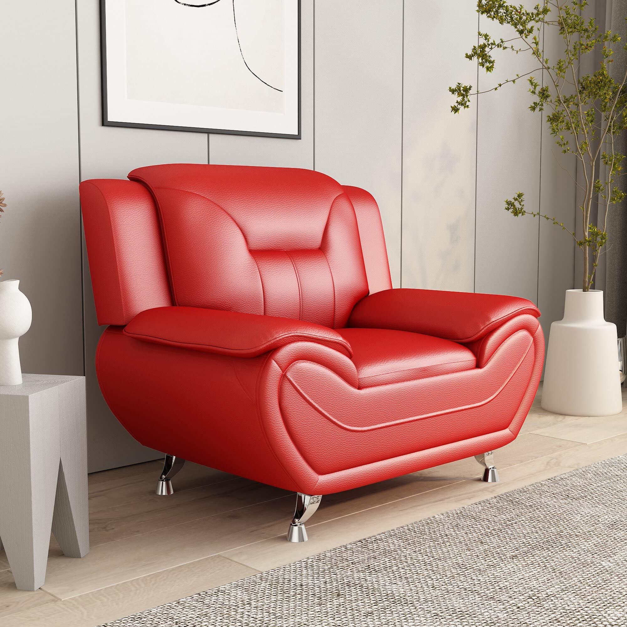 Michael Modern Faux Leather Upholstered Stainless Steel Legs Living Room Chair, Loveseat & Sofa Set in White Dove - Perfect for Contemporary Living Rooms, Offices and Lounge Areas