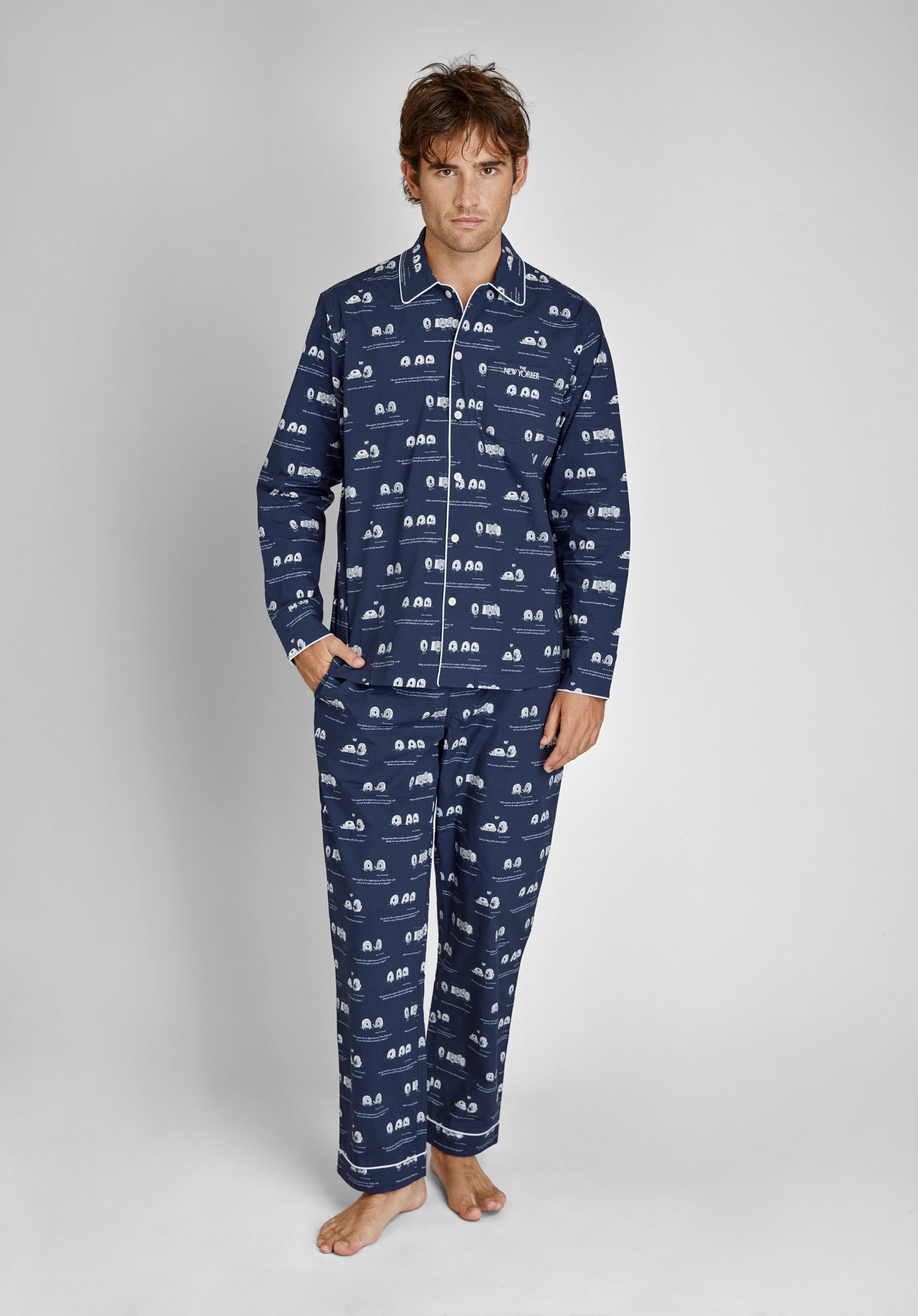 Sleepy Jones x The New Yorker Henry Pajama Set - Navy Blue Dozin' Bagels Print Cotton Pajamas for Men | Comfortable Sleepwear for Lounging & Relaxing at Home