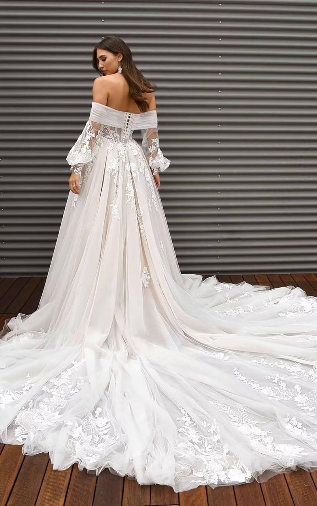 Zhangyo Off Shoulder Wedding Dress for Bride - Beach Puffy Tulle Gown with Long Sleeves | Perfect for Beach Weddings, Boho Bridal Parties & Romantic Photoshoots