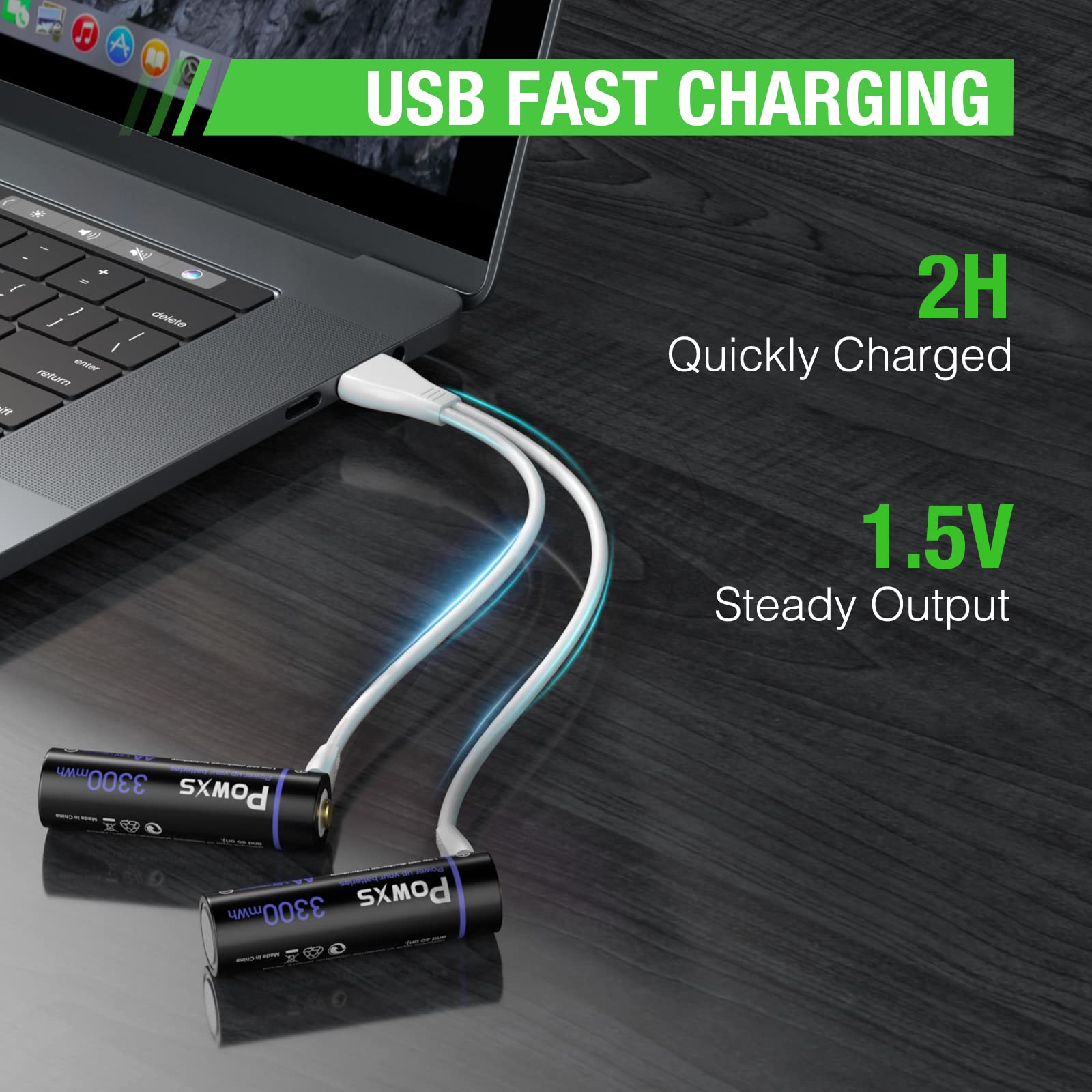 POWXS Rechargeable AA Lithium Batteries 3300mWh - USB Fast Charging 1.5V Li-ion Double A Batteries with 2-in-1 Micro USB Cable | Super Capacity for Cameras, Flashlights & Wireless Devices | 2 Hours Quick Charge for Home & Office Use