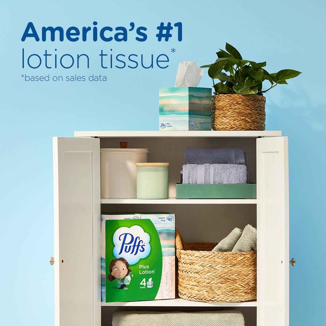 Puffs Plus Lotion Facial Tissues - Ultra Soft & Hypoallergenic, 56 Tissues per Box (4 Cube Boxes Pack) - Perfect for Home, Office & Travel Use