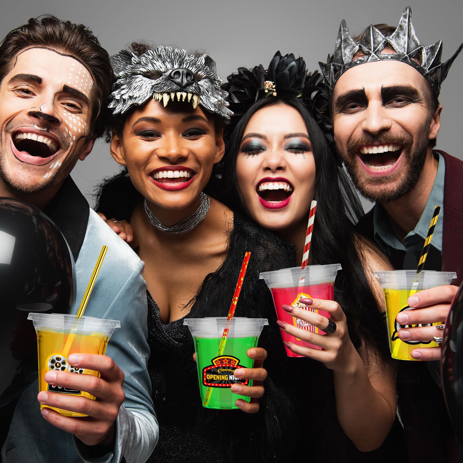 60 Pcs 14oz Clear Plastic Cups with Lids & Straws - Disposable Movie Night Party Supplies for Home Theater, Outdoor Cinema, Birthday Favors and Family Gatherings