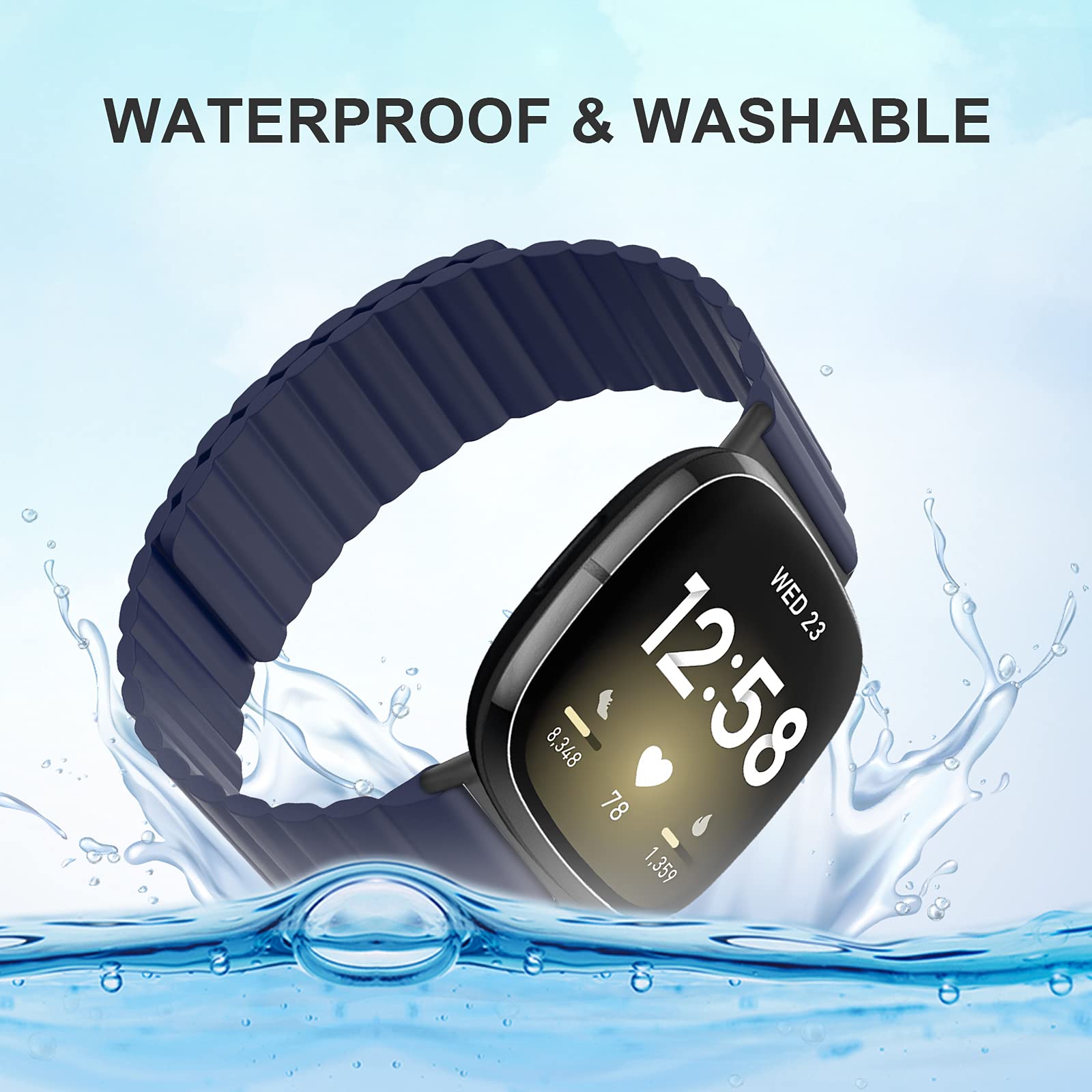 Premium Silicone Magnetic Bands for Fitbit Versa 3 & Sense - Adjustable Loop Strap with Secure Magnetic Closure - Navy Blue Large Size - Perfect for Workouts, Running & Daily Wear