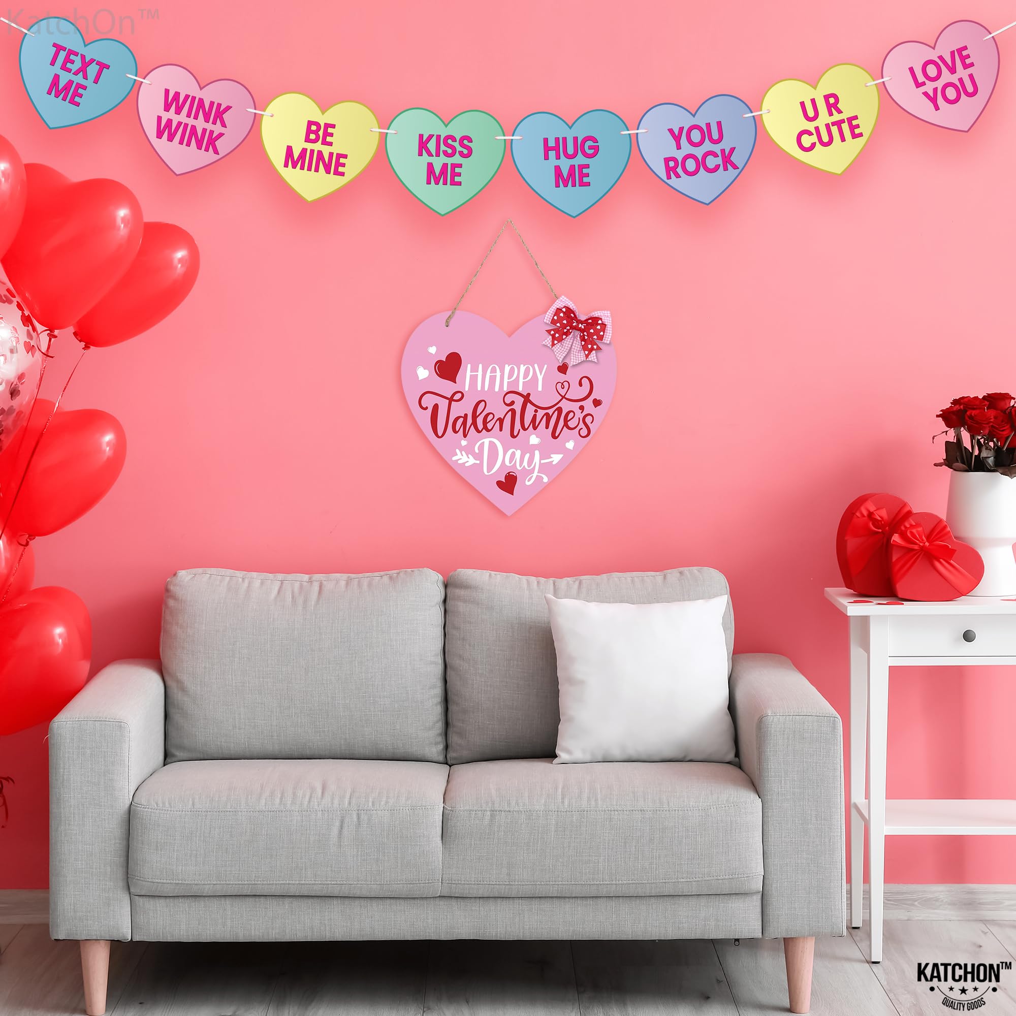 Katchon 10 Feet Large Conversation Hearts Decorations Banner - No DIY Heart Garland for Valentine's Day, Wedding, Party & Home Decor | Romantic Love Theme Party Supplies