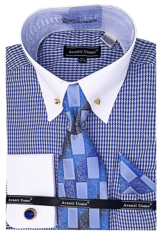 Blue Houndstooth Pattern Dress Shirt Set with French Cuffs - Formal Business Attire & Office Wear for Men