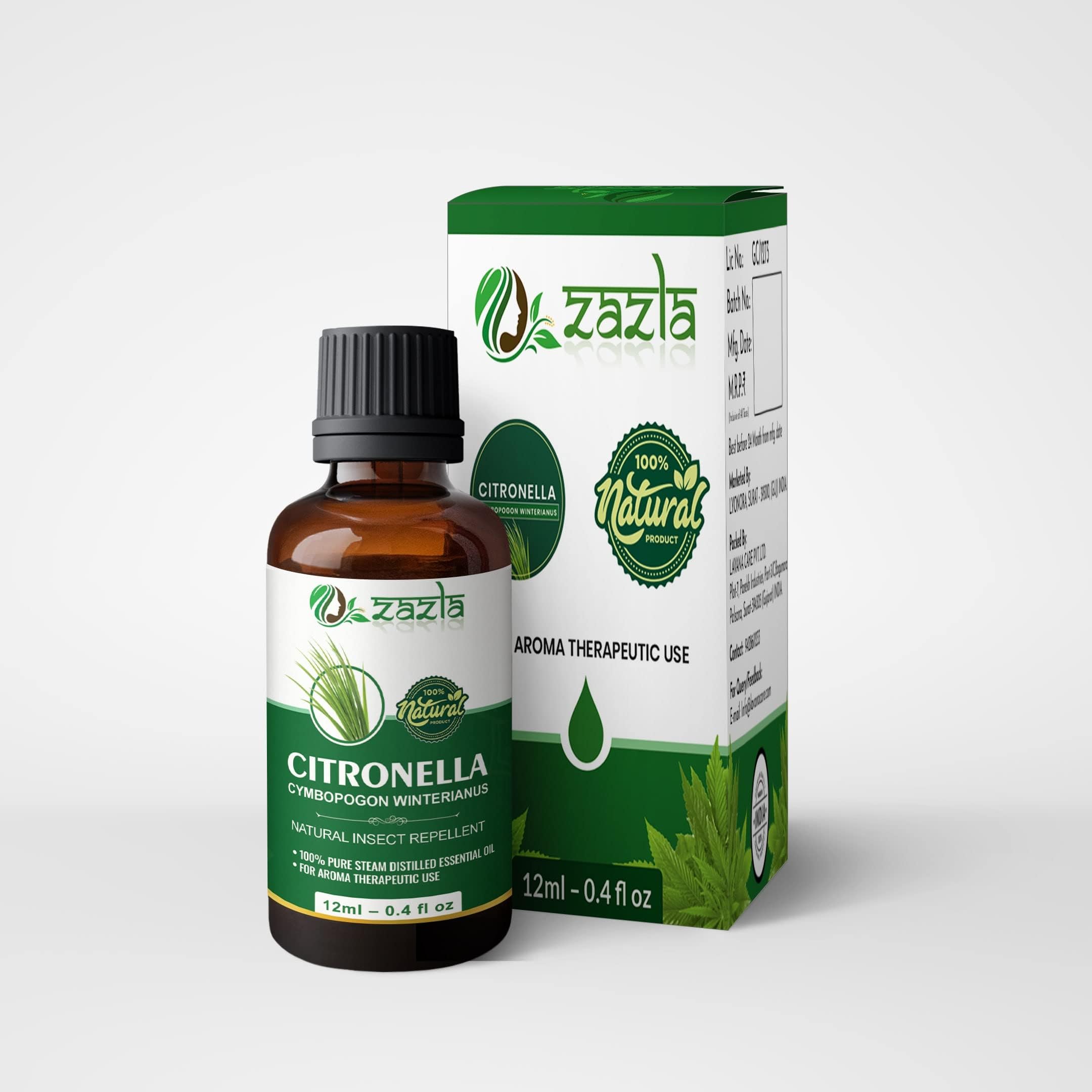 Zazla 100% Pure Citronella Essential Oil - Natural Undiluted Therapeutic Grade for Healthy Hair, Oily Skin, Acne & Aromatherapy | Perfect for Diffusers, Massage & DIY Beauty Products