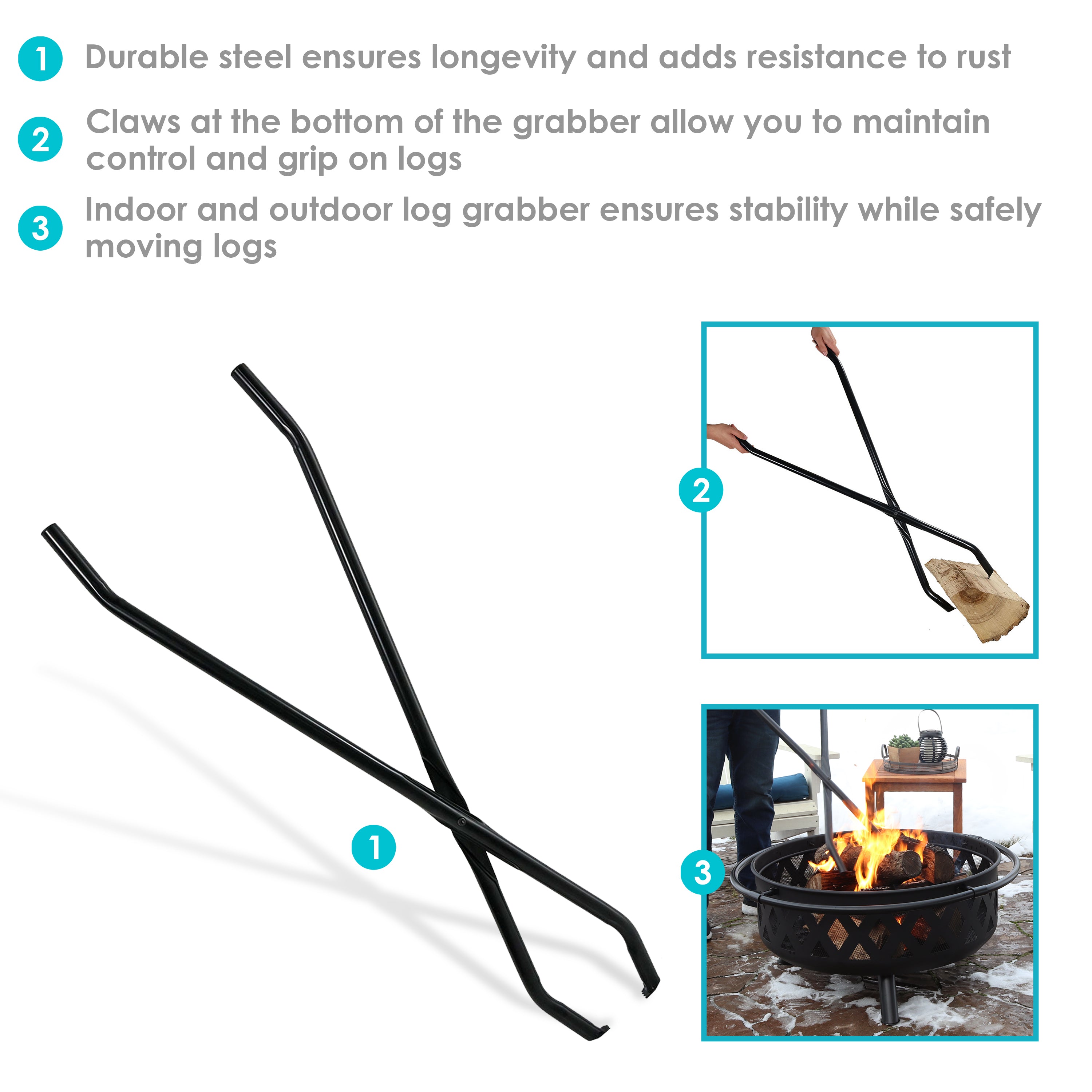 Sunnydaze 40-Inch Firewood Log Grabber Claw - Heavy Duty Fireplace Tongs for Wood Stove, Campfire & Outdoor Fire Pit Accessories