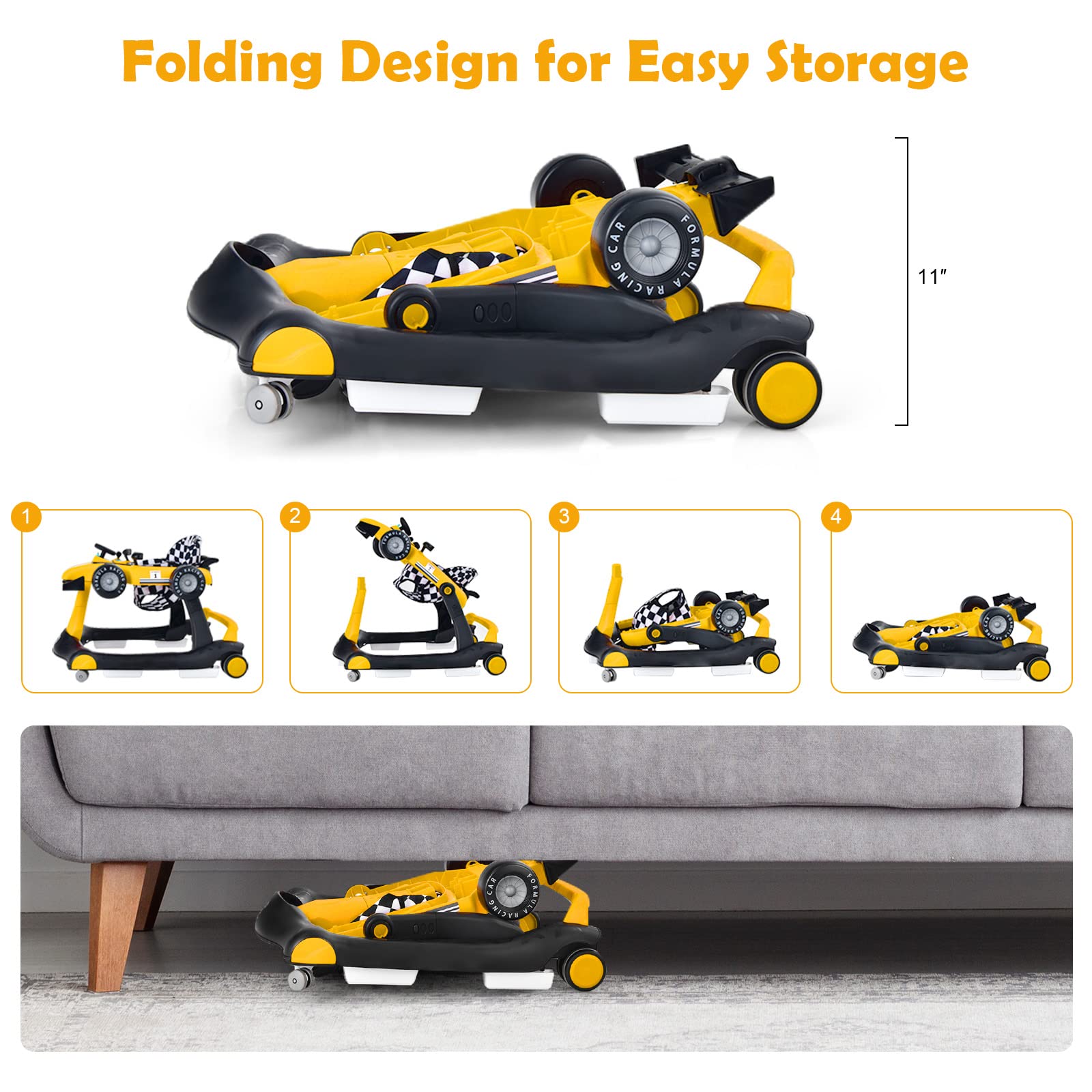 **HONEY JOY 4-in-1 Baby Walker & Activity Push Walker – Adjustable Height (3 Levels), Smooth Wheels with Speed Control, Padded Seat, Music & Lights, Foldable – Ideal for Boys & Girls 6+ Months (Yellow) – Perfect for Learning to Walk, Playtime & Indoor Exploration**