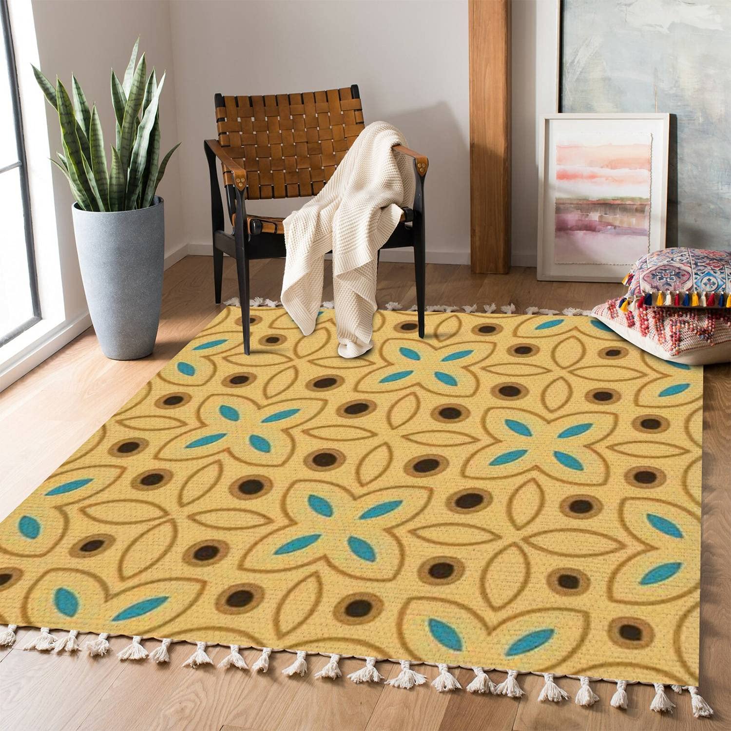 Boho Rug Brown & Turquoise - Ethnic Bohemian Abstract Geometric Area Rug - Indoor/Outdoor Carpet for Patio, Hallway, Living Room & Bedroom - Minimalist Home Decor for Cozy Boho Chic Spaces