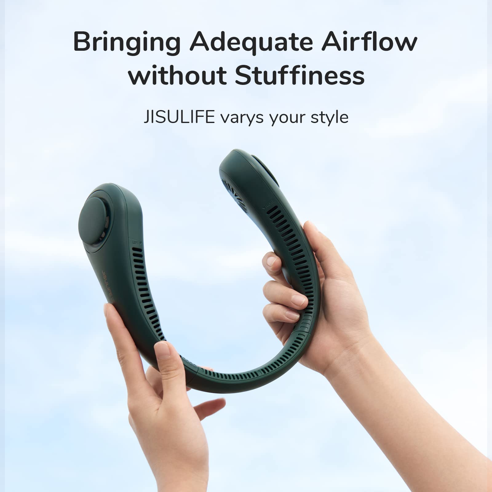 JISULIFE Portable Neck Fan - Hands Free Bladeless Personal Fan with 4000mAh Battery, USB Powered Desk Fan, 5 Speed Settings - Dark Green - Perfect for Office, Travel, Outdoor Activities & Home Use