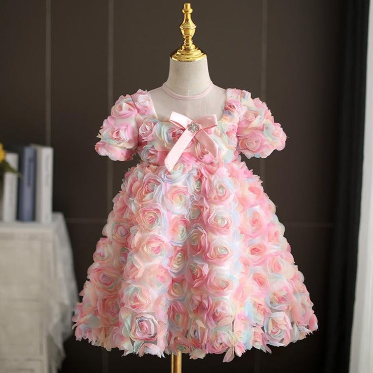 Pink Lace Tulle A-Line Flower Girl Dress with Short Puff Sleeves - Perfect for Weddings, Baptisms, and Special Occasions