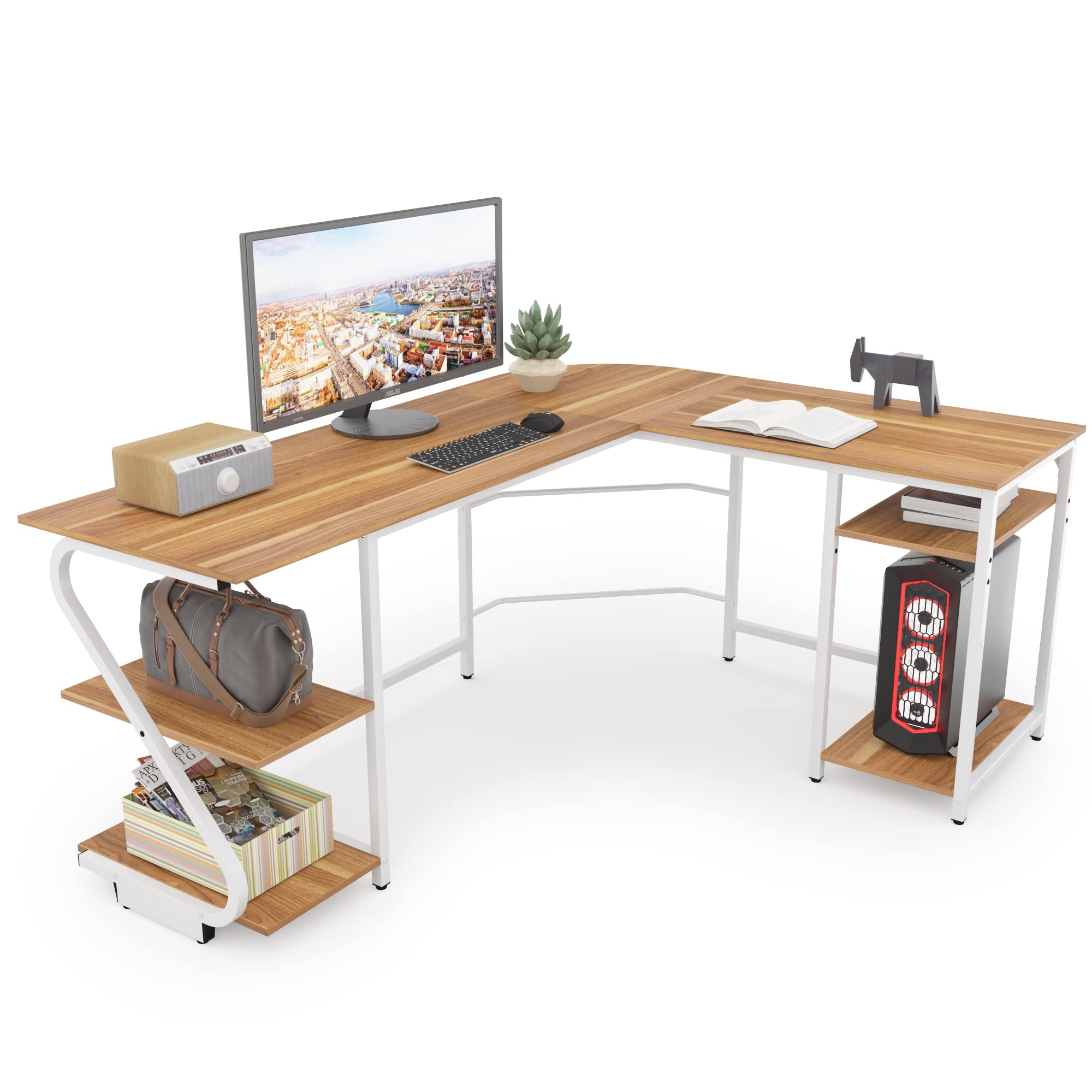 Reversible L-Shaped Desk with Storage Shelves - Modern Corner Computer Desk for Home Office & Gaming Workstation - Walnut Finish | Perfect for Small Spaces, PC Setup & Ergonomic Workspace