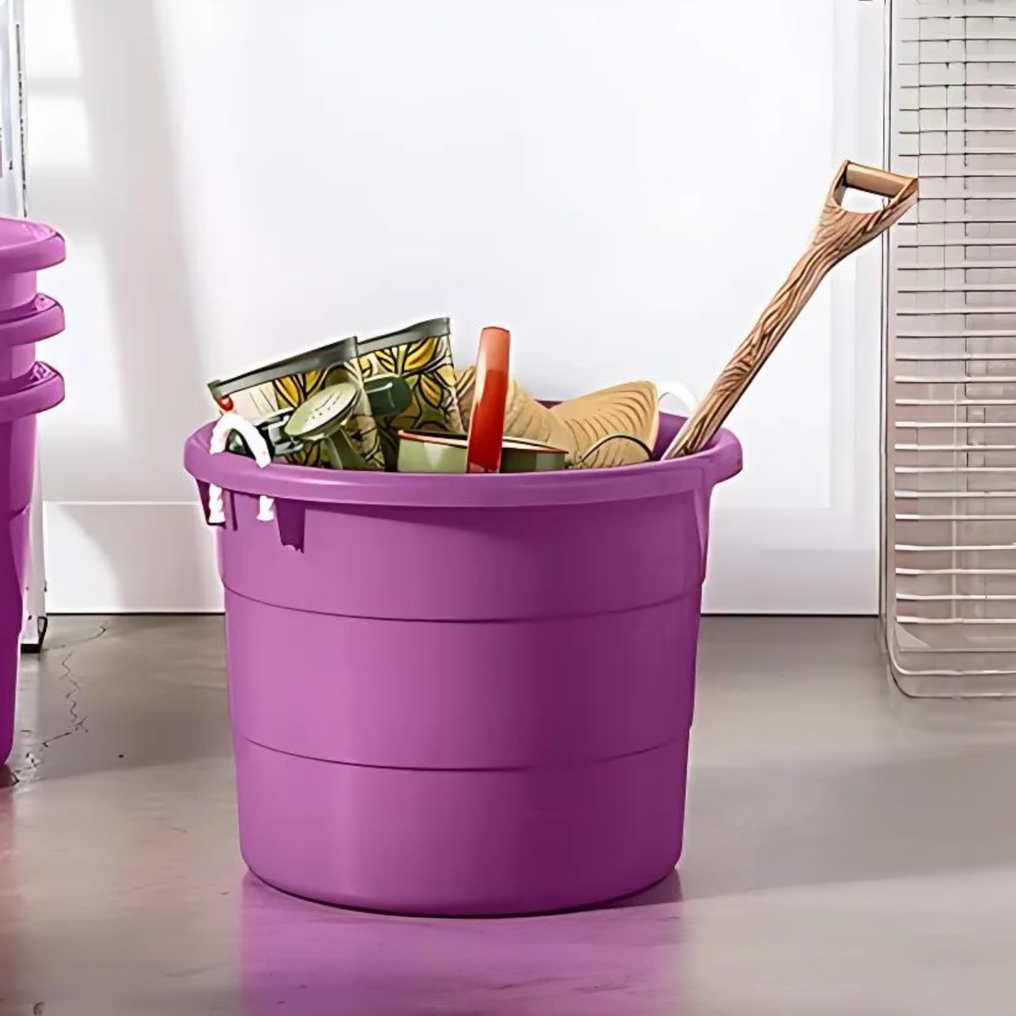 HOMZ 4-Pack 17 Gallon Large Plastic Storage Buckets with Rope Handles - Heavy Duty Utility Tubs for Laundry, Cleaning, Organizing (Purple) - Perfect for Home, Garage, and Outdoor Storage