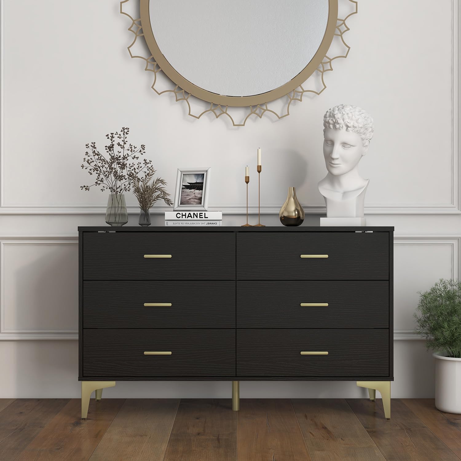 Modern 6-Drawer Wooden Dresser - Solid Wood Lateral Chest of Drawers with Wide Storage Drawers & Gold Metal Handles for Bedroom, Living Room, Hallway | Perfect for Closet Organization, Home Decor, and Entryway Storage
