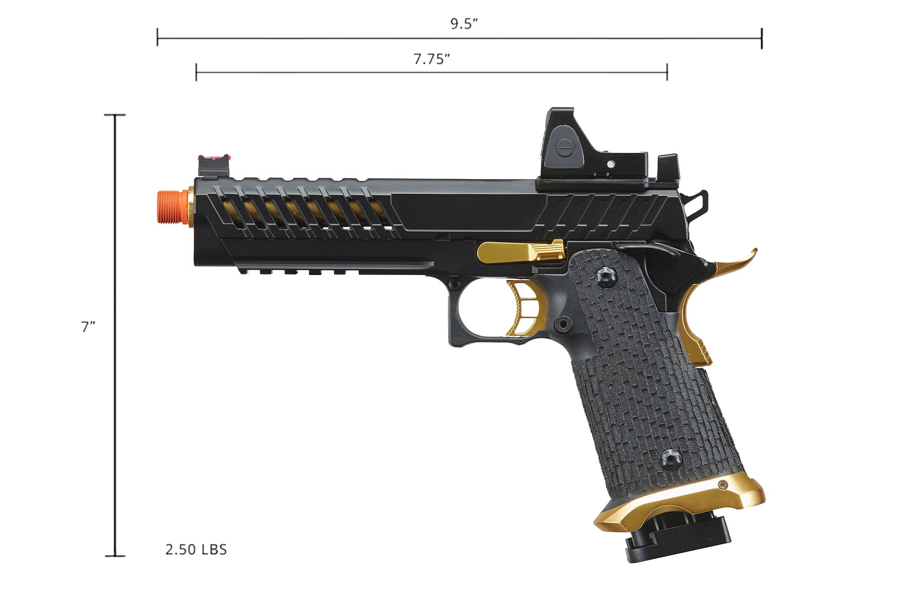 Lancer Tactical Knightshade Hi-Capa Gas Blowback Airsoft Pistol with Red Dot Reflex Sight - Black/Gold | Realistic Training & Competitive Airsoft Matches