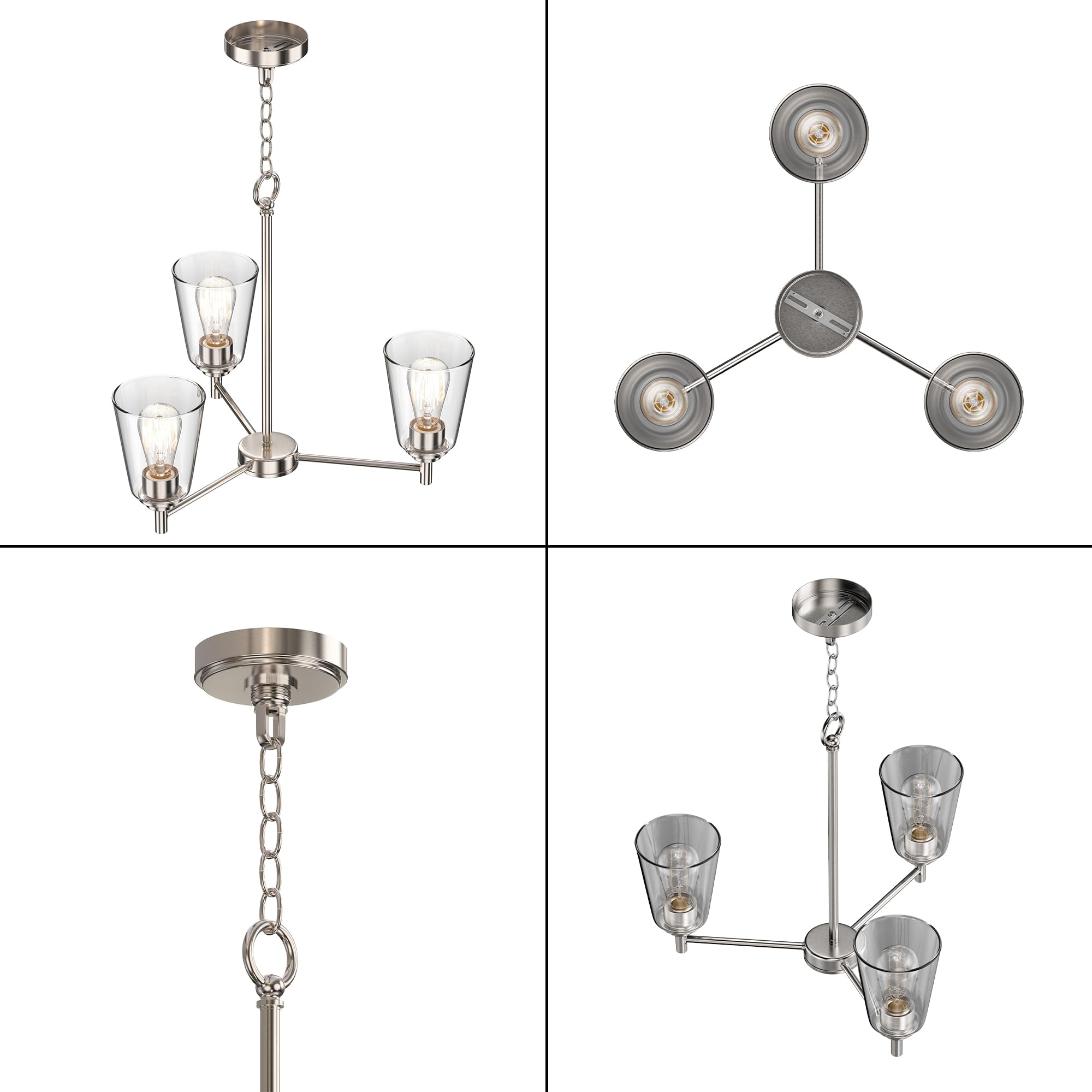 LEDMyplace 3-Lights Flared Island Chandelier - Clear Glass Shade, Brushed Nickel Finish, E26 Base - Modern Ceiling Pendant Light for Kitchen Island, Dining Room, Farmhouse Decor (Bulb Not Included) | Perfect for Home, Restaurant, and Cafe Lighting