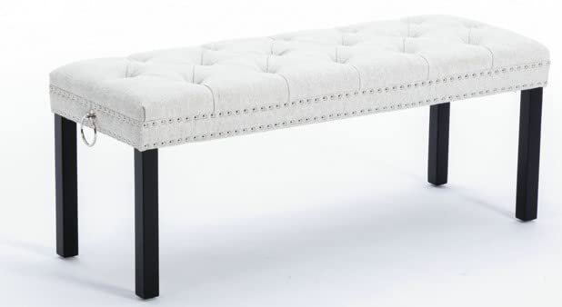 Cora Upholstered Tufted Bench - Dining Bench & Bedroom Seat with Silver Nailhead Trim, Cream Fabric - Perfect for Living Room, Hallway or End of Bed Decor