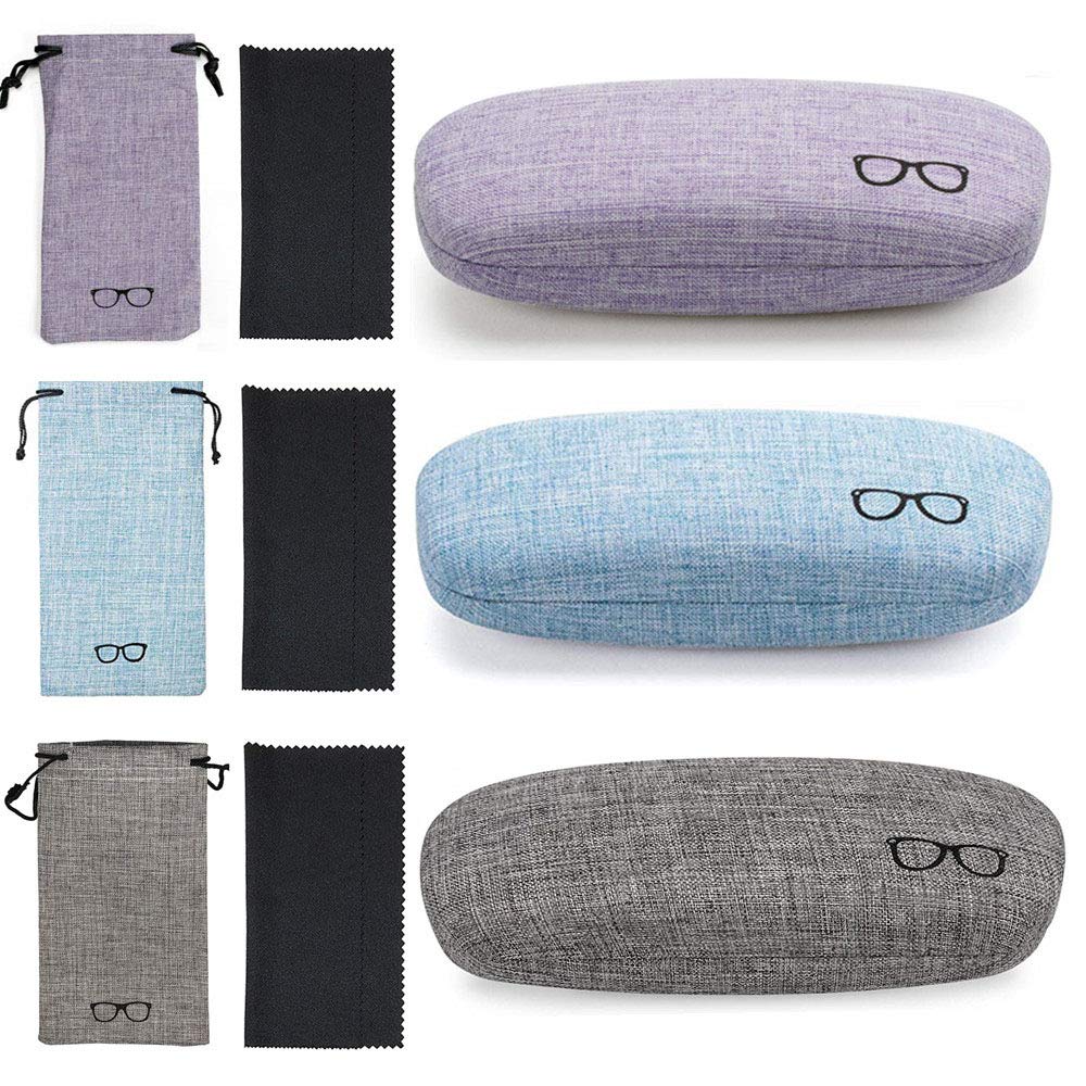 3-Piece Hard Shell Eyeglasses Case Set - Retro Style Portable Glasses Storage with Linen Fabric, Includes Glasses Pouch & Cleaning Cloth - Perfect for Women, Men & Kids - Ideal for Travel, Work & Daily Protection