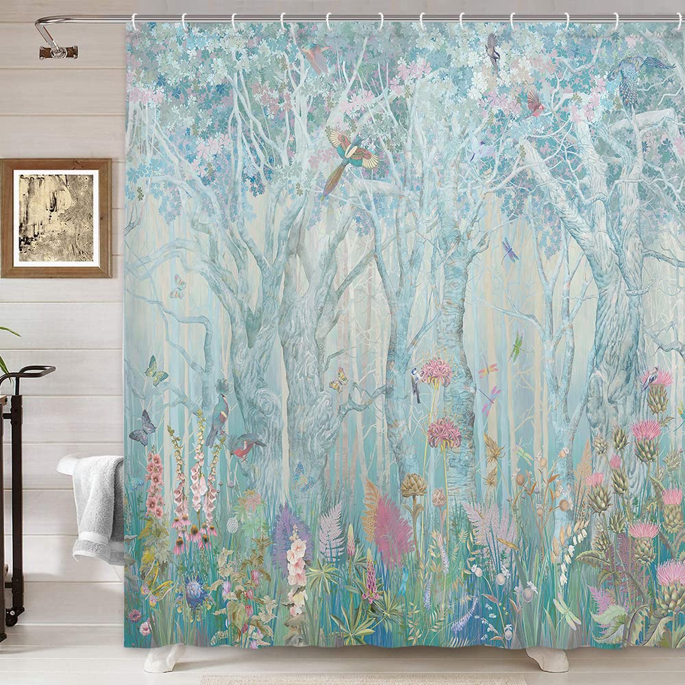 Enchanted Forest Shower Curtain - Vibrant Fairytale Woodland Jungle Design with Trees, Birds & Flowers - 69x70 Inch Waterproof Fabric Bathroom Decor for Christmas & Year-Round Use - Perfect for Kids' Bathrooms, Nursery Decor or Fantasy-Themed Home Design