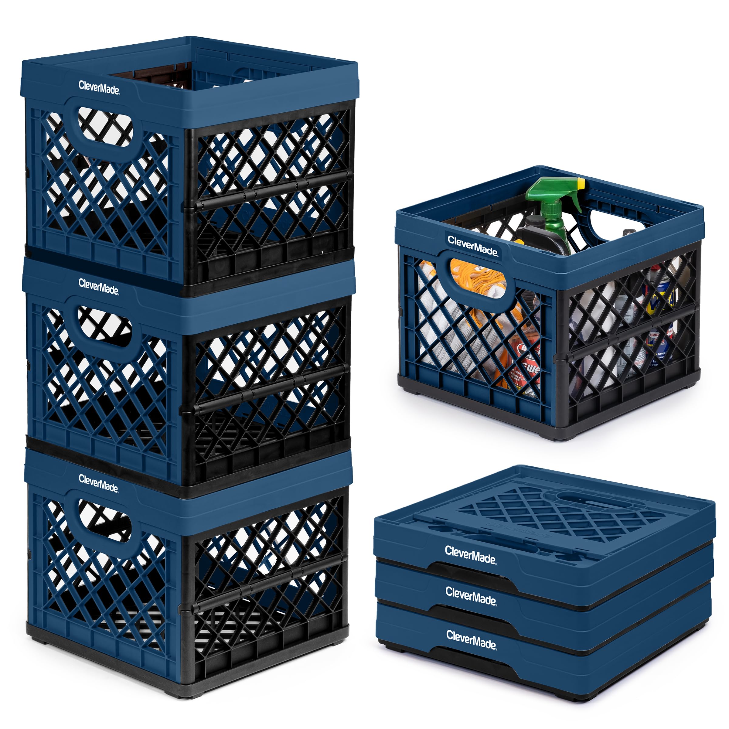 CleverMade Collapsible Milk Crate - 3 Pack Heavy Duty Stackable Storage Bins (25L/6 Gal Capacity, Holds 50lbs Each) - Multi-Purpose Collapsible Plastic Crates for Home, Office, Garage & Outdoor Organization