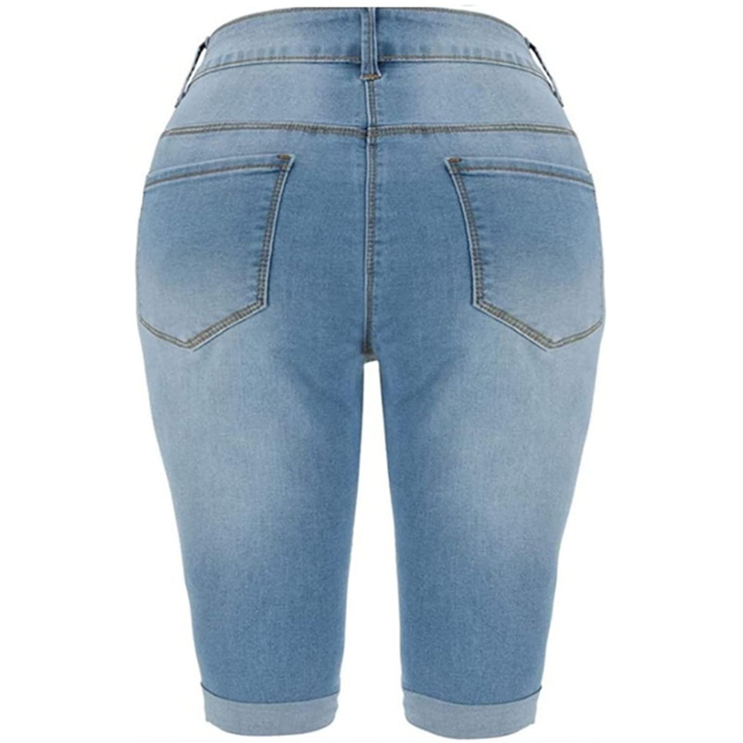 Women's High Waist Stretchy Denim Bermuda Shorts - Butt-Lifting Moto Jeans for Summer | Knee-Length Wrinkle-Resistant Shorts for Curvy Women | Small Size in Dark Blue | Perfect for Casual Outings, Beach Trips & Summer Vacations