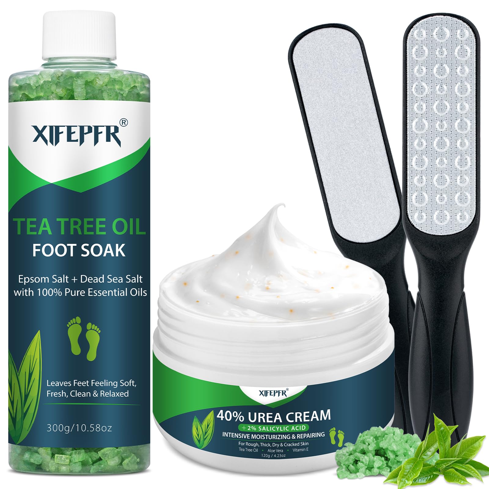 Tea Tree Oil Foot Soak & 40% Urea Cream with Callus Remover - Moisturizing Pedicure Set for Dry Cracked Heels & Tired Feet - Foot Care Kit for Women & Men | Perfect for Home Spa, Relaxation & Cracked Heel Treatment