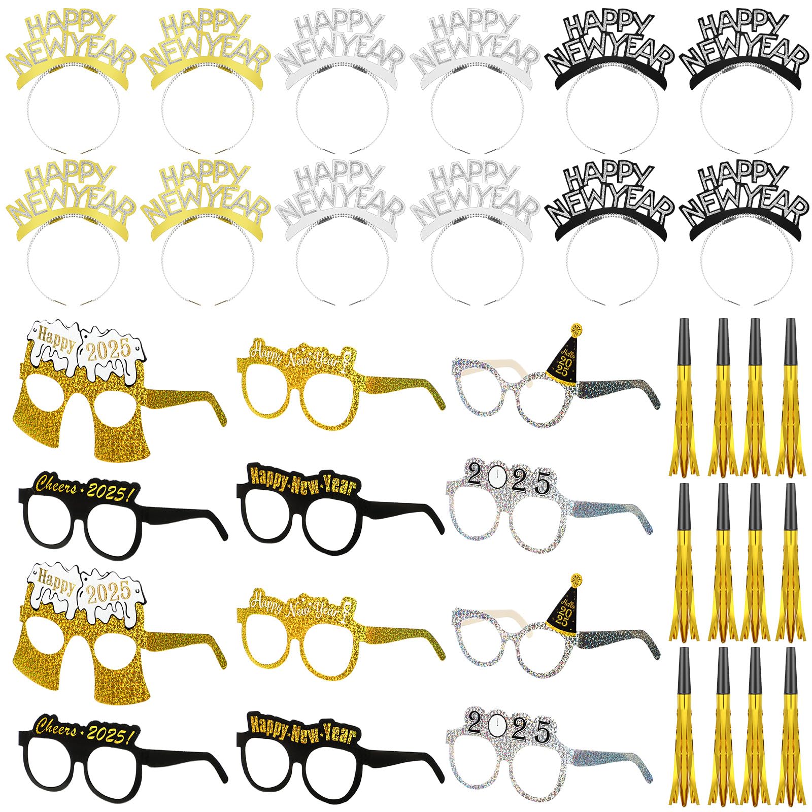 Yunsailing 36-Piece New Year's Eve Party Supplies Set - 2025 Glasses & Black Silver Gold Headbands for NYE Celebrations - Perfect for Countdown Parties, New Year Gifts & Festive Gatherings