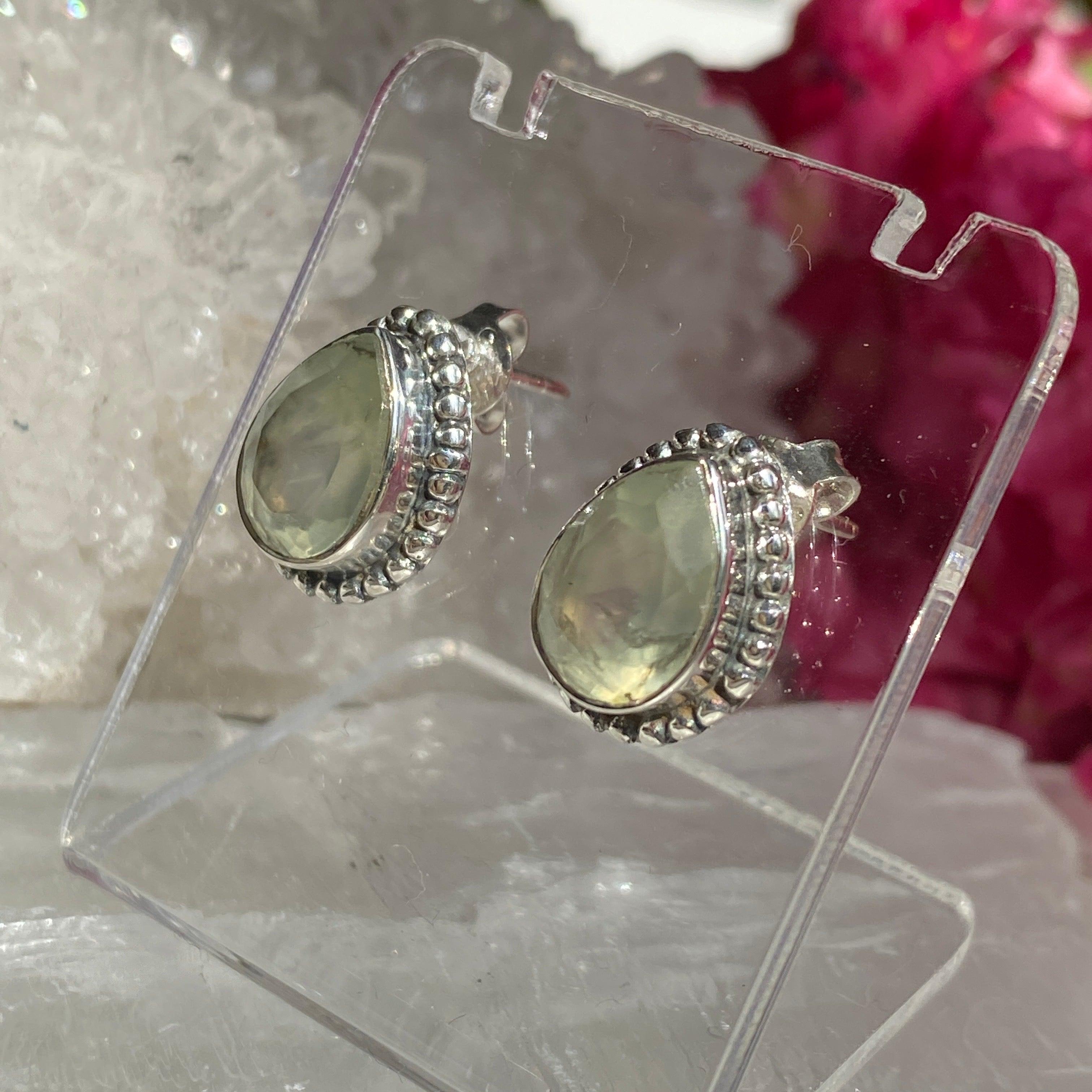 Prehnite Faceted Teardrop Stud Earrings - Handmade Gemstone Jewelry for Women - Perfect for Weddings, Parties & Everyday Wear