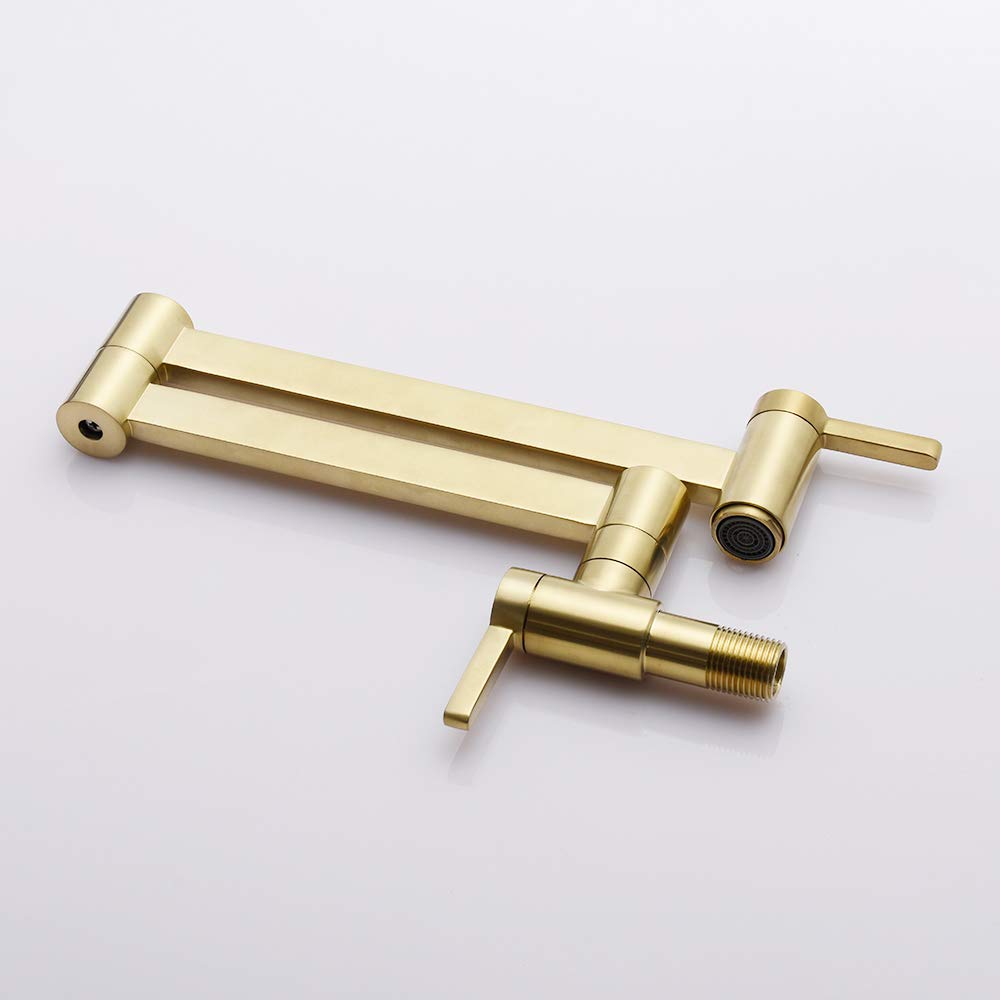 Brushed Gold Wall Mount Pot Filler Faucet - Solid Brass Swing Arm Folding Kitchen Faucet with Single Hole & Two Handles - Perfect for Modern Kitchens, Cooking Stations & High-End Restaurant Installations