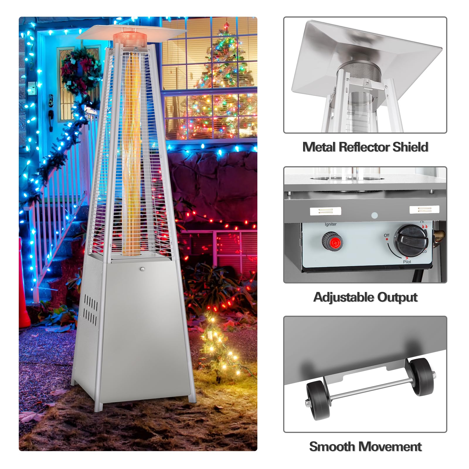 Hykolity 48000 BTU Outdoor Pyramid Patio Heater with Glass Tube, Wheels & Cover - Silver Grey Propane Heater for Backyard, Garden, Patio, Porch, Pool Parties & Winter Gatherings