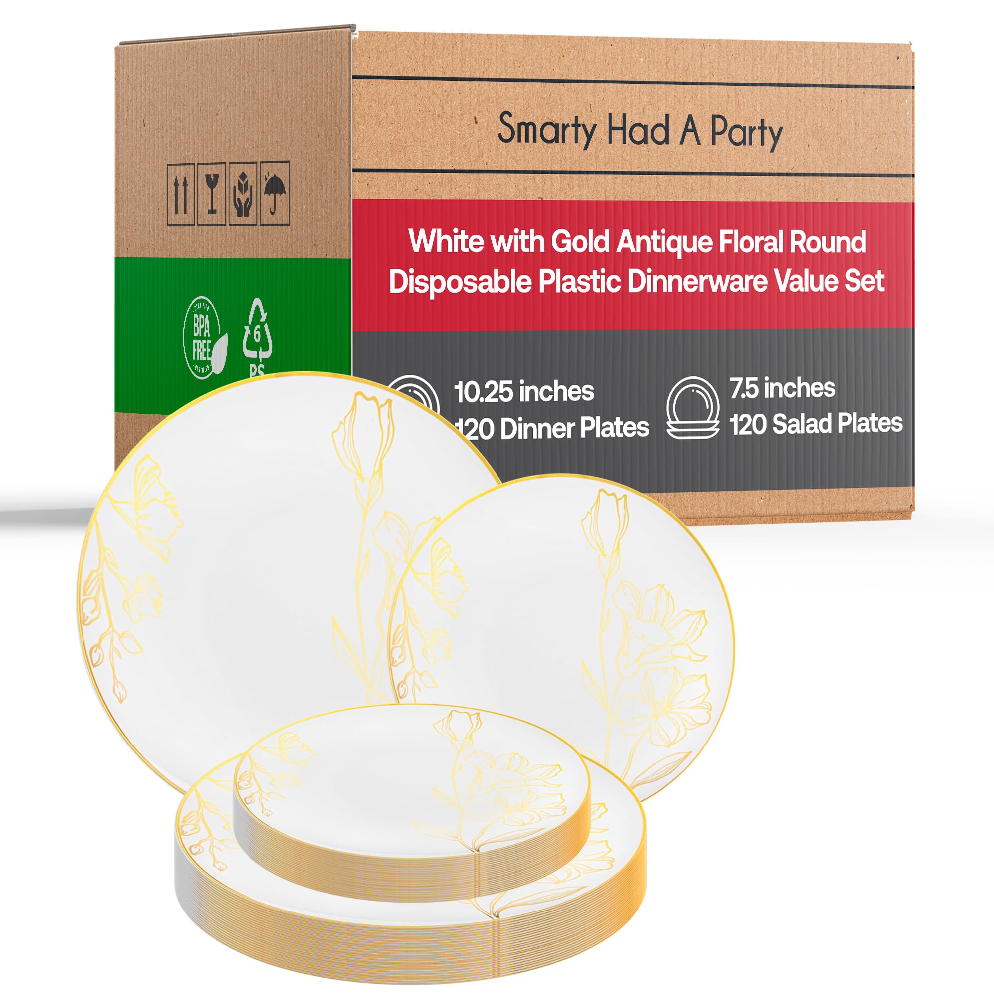 Smarty Had A Party Disposable Plastic Plates - Vintage Floral Design Heavy Duty Dinnerware Set for Wedding, Birthday Party (White & Gold, 120-Piece Combo Set) | Elegant Disposable Tableware for Events, Catering & Outdoor Gatherings